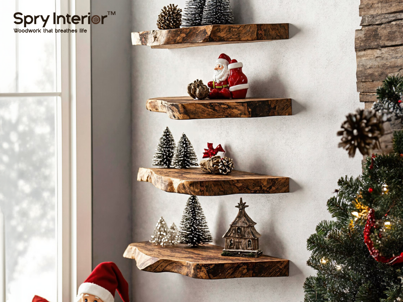 Brown Shelves for Wall with Christmas decor