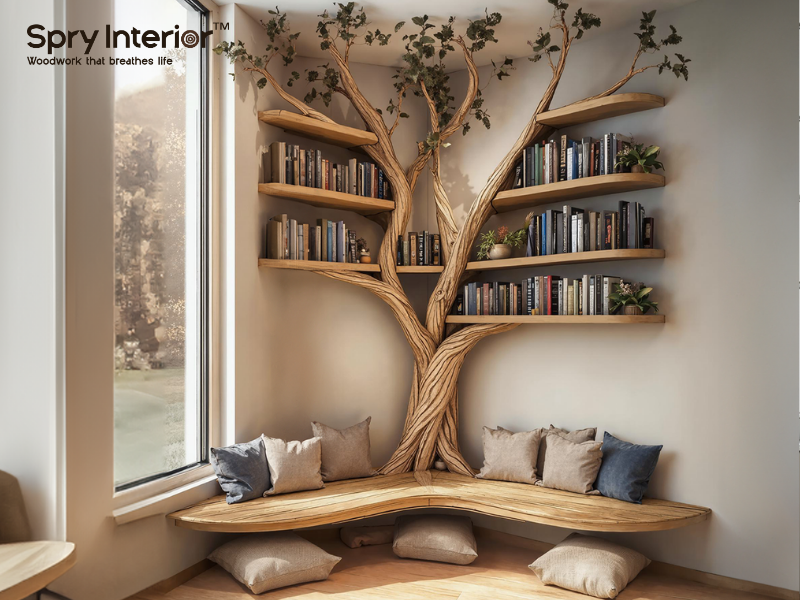 DIY Tree Bookcase combine with bench to reading books