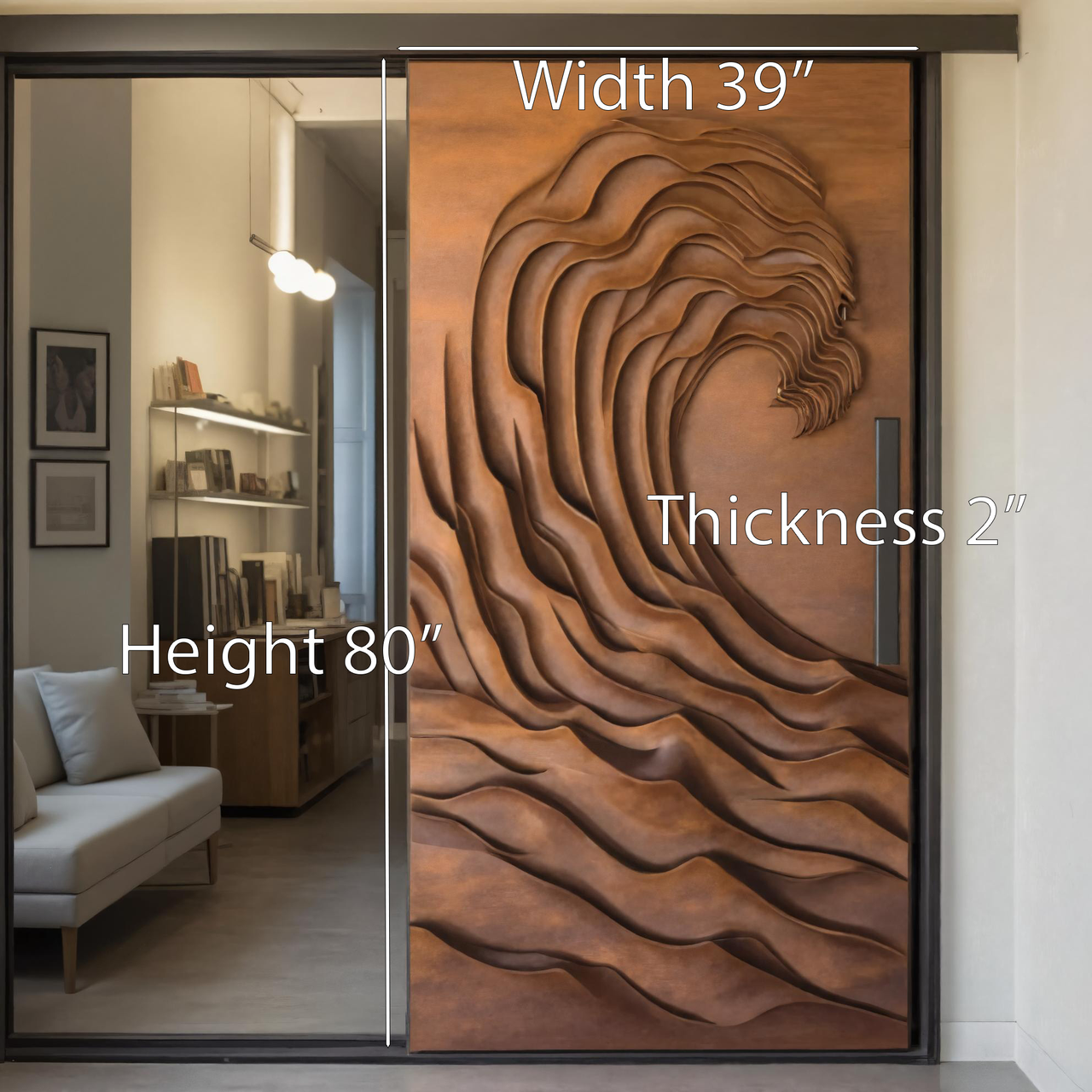 Artistic Wave Pattern Sliding Wood Door For Modern Interior Living Room Or Studio Entrance Decor SITHHNDOR009