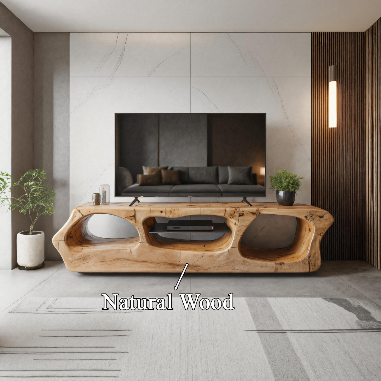 Modern Sculpted Solid Wood TV Stand With Organic Openings For Living Room SITHTTTVC015
