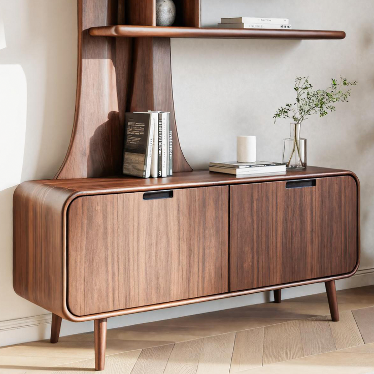 Mid Century Modern Wooden Bookshelf With Storage Cabinet For Living Room Or Study SITHTTBS019