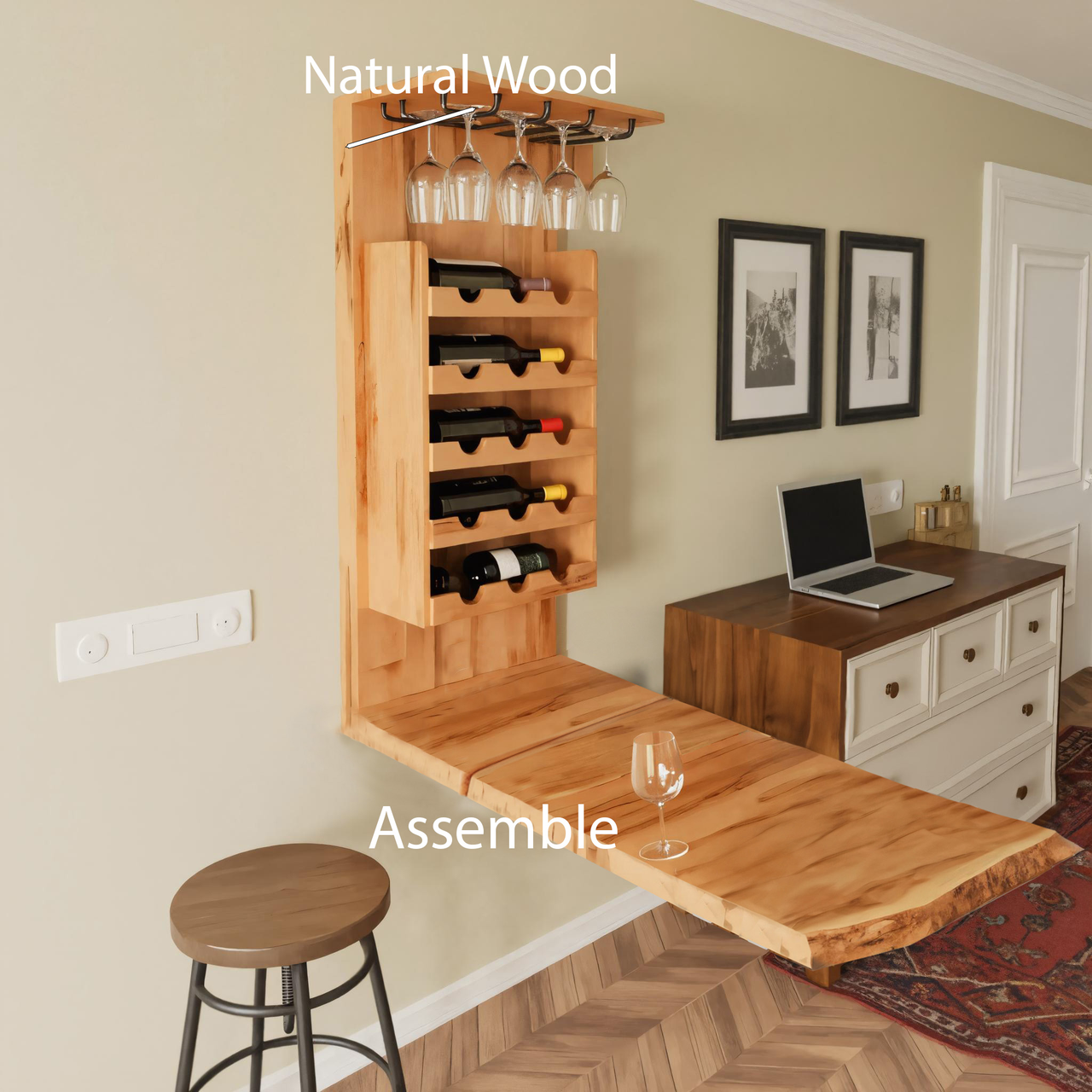 Wall Mounted Wine Rack With Folding Live Edge Table For Kitchen Or Bar SITHHNFL010