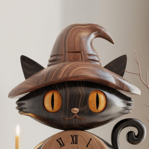 Wooden Black Cat Clock With Witch Hat For Halloween Mantel Decor SITHTTHW001