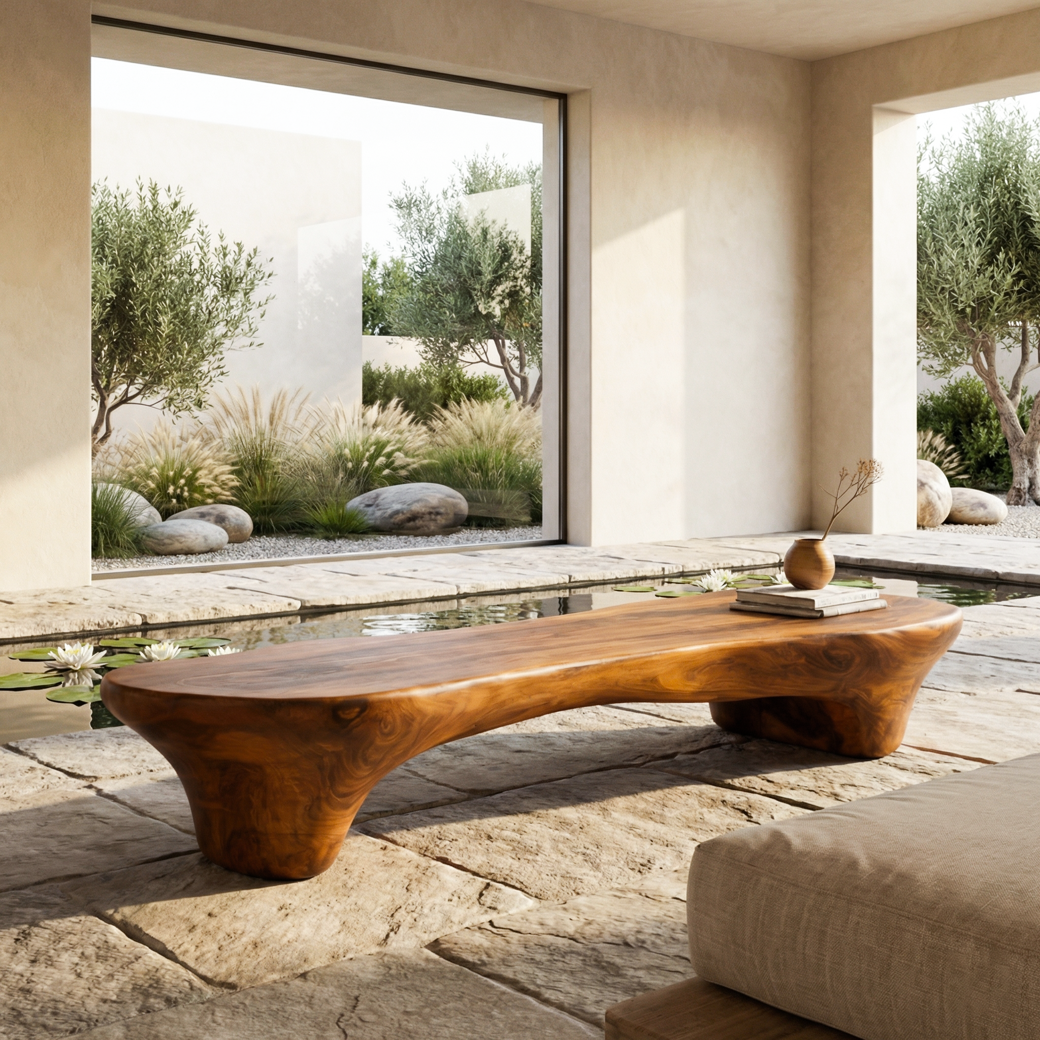 Minimal Organic Bench Solid Wood Smooth Rounded Form Entryway SINLHARS092