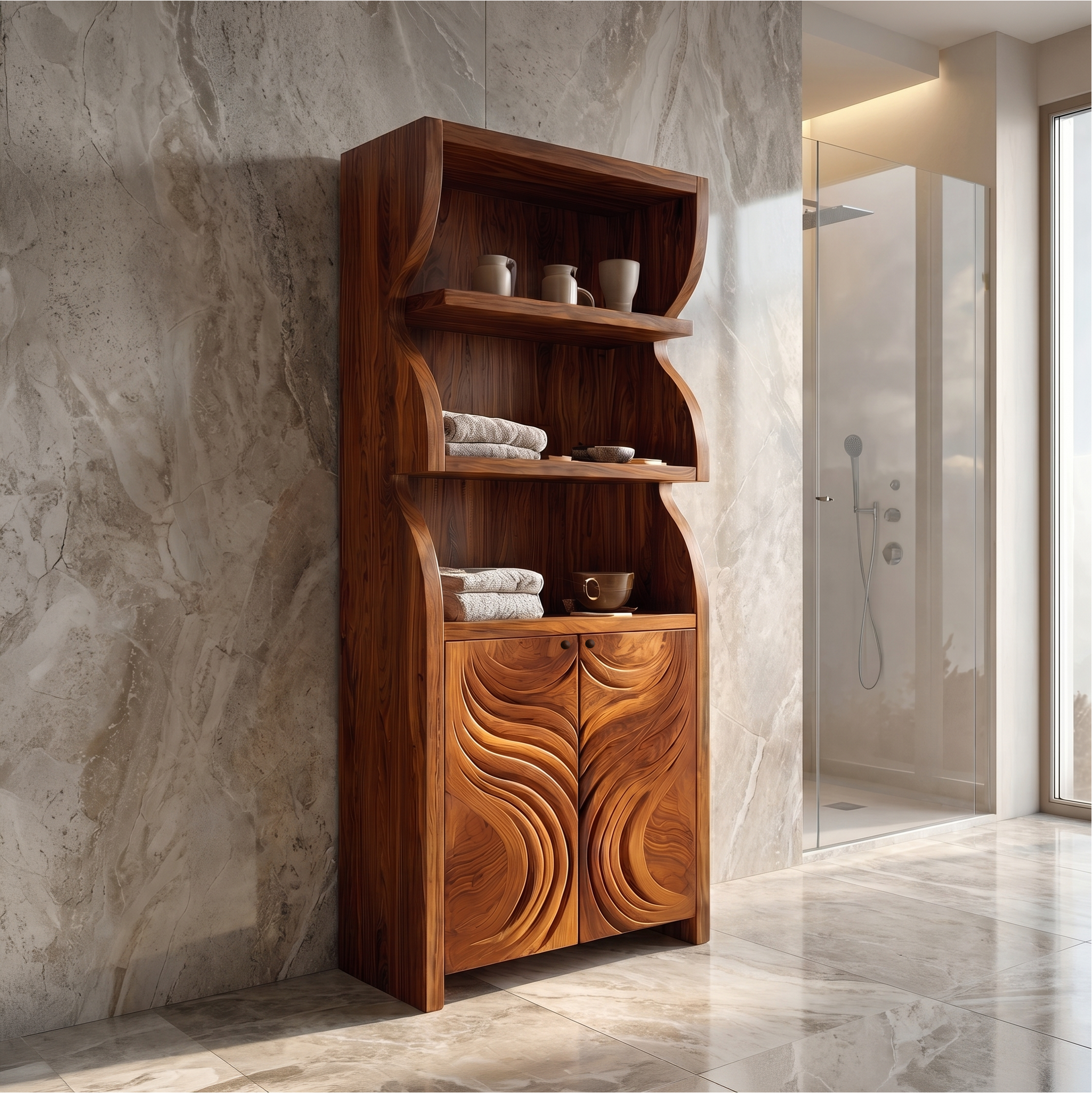 Rustic Organic Bathroom Storage Cabinet With Carved Wooden Doors And Open Shelves For Bathroom SINLSABCT020