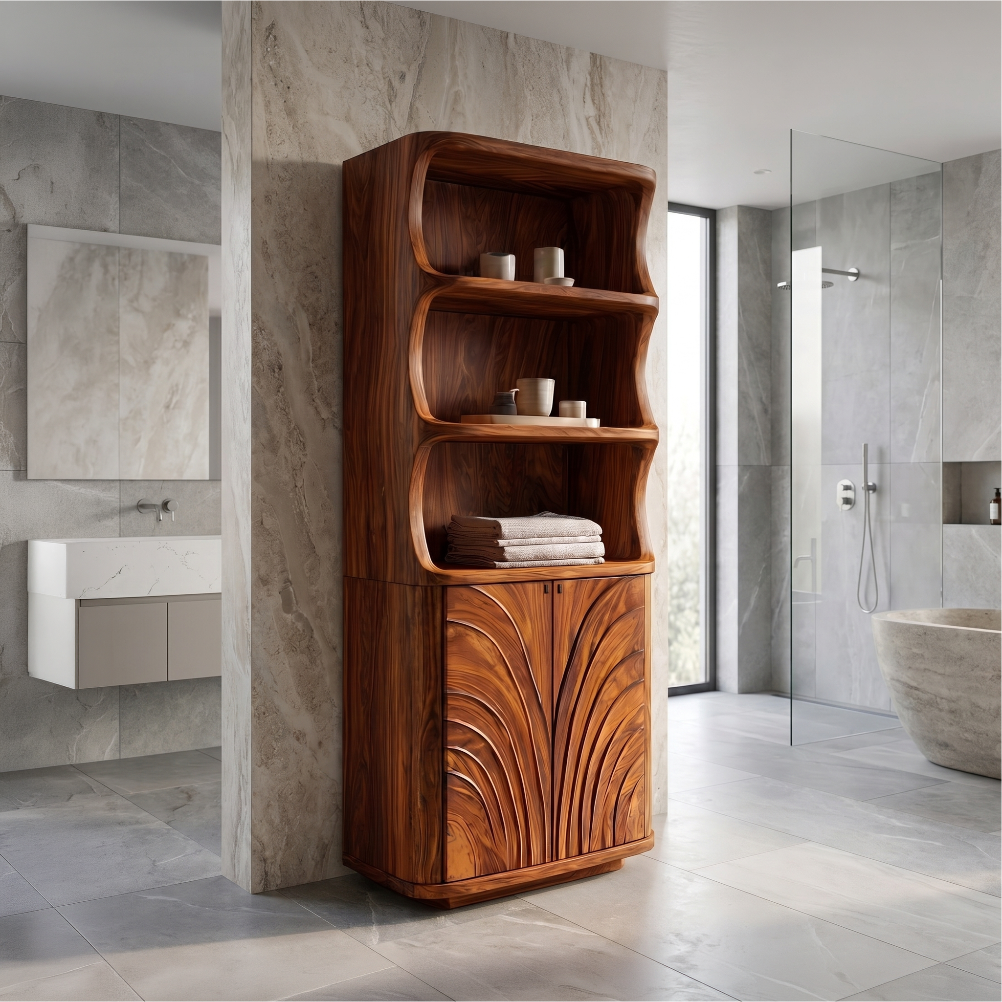 Organic Bathroom Storage Cabinet With Curved Open Shelves And Carved Wooden Doors For Bathroom SINLSABCT022