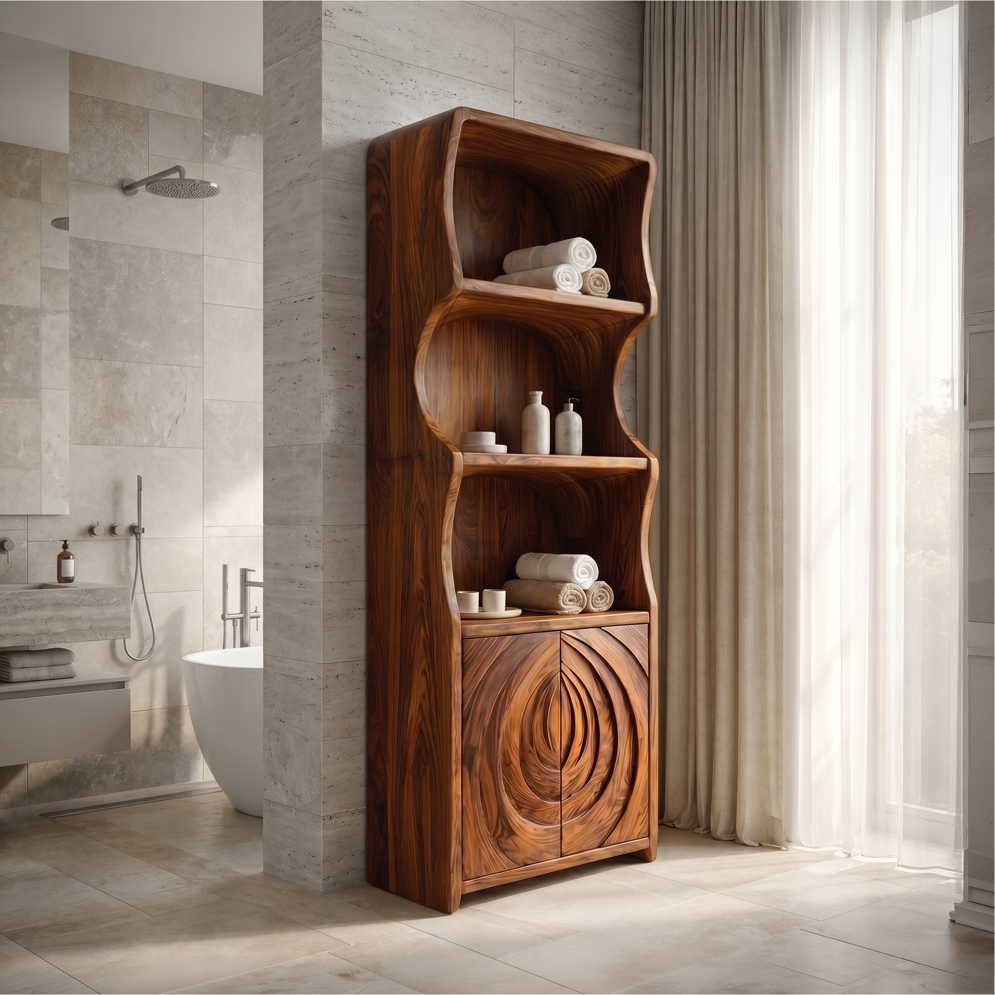 Contemporary Minimal Bathroom Storage Cabinet With Curved Shelves And Wooden Door For Bathroom SINLSABCT023