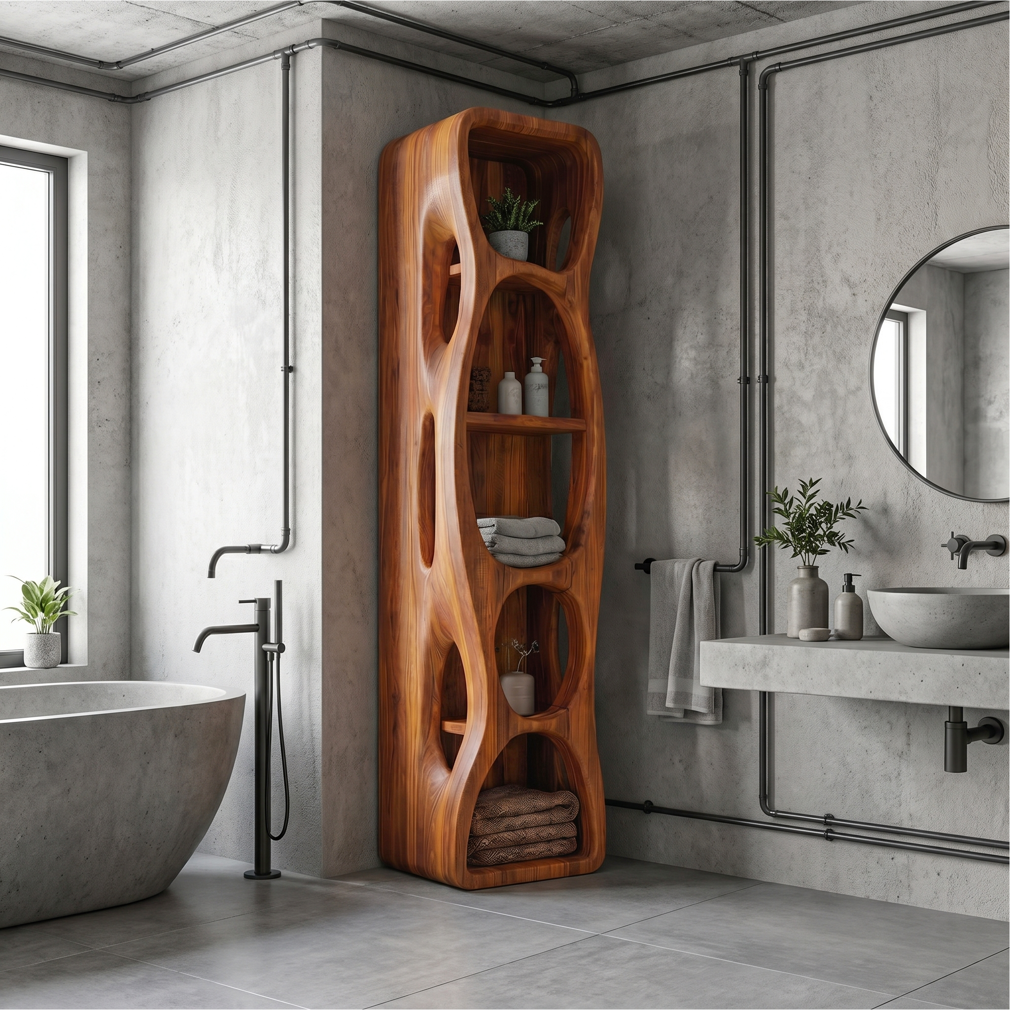 Sculptural Bathroom Cabinet With Hollow Cut Design And Open Shelving For Bathroom SINLSABCT032