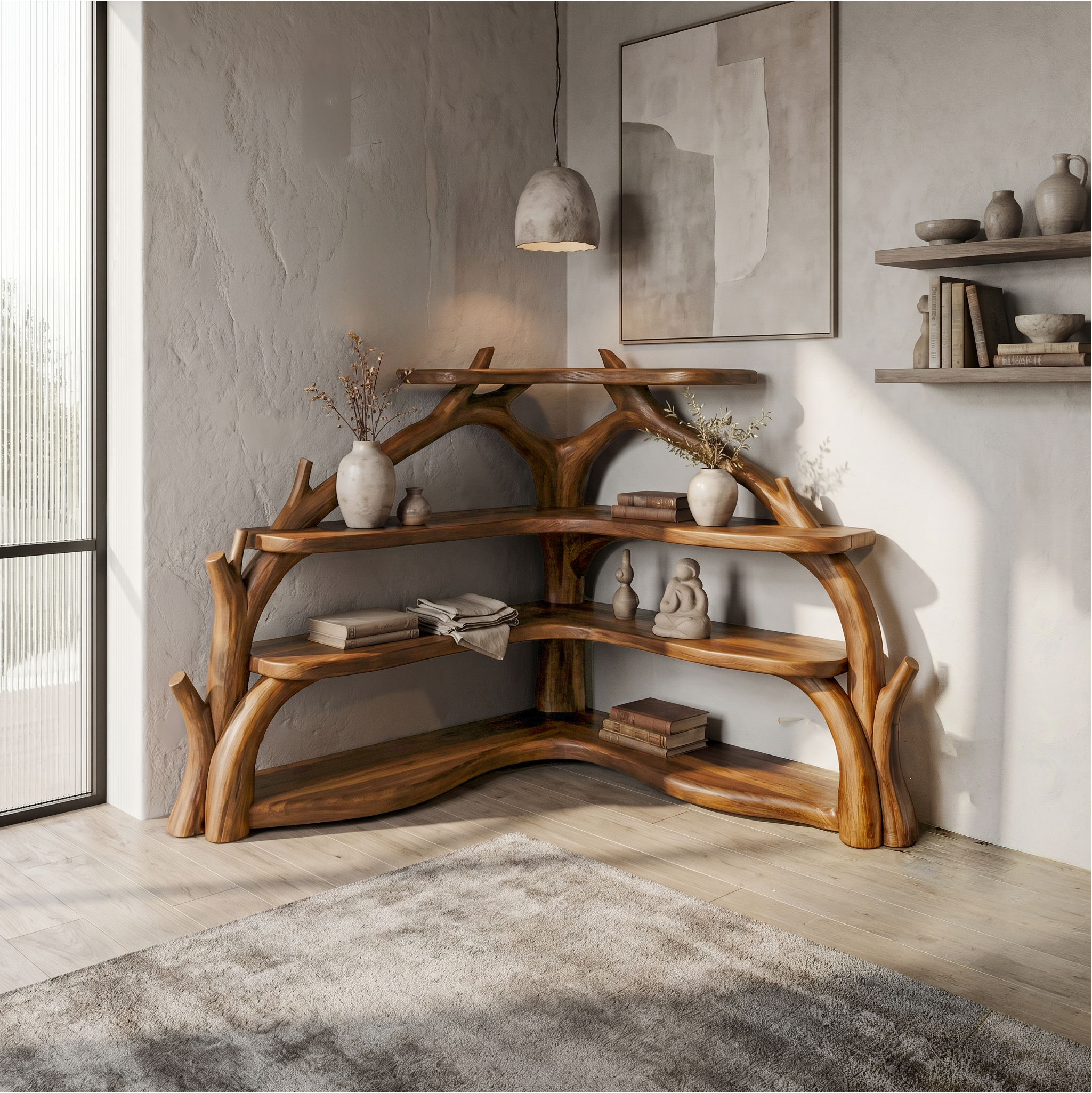 Sculptural Corner Bookcase With Natural Branch Design For Living Room SINLSABS015