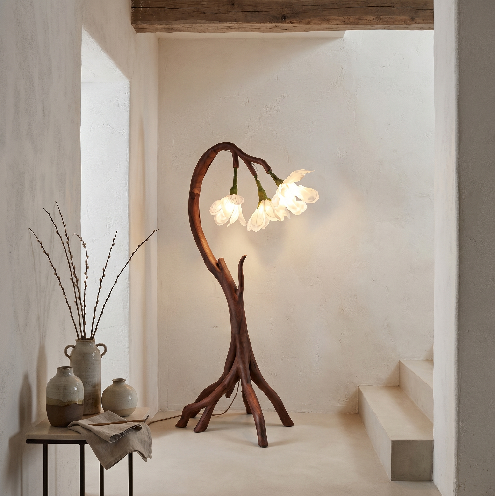 Botanical Flower Floor Lamp With Sculptural Wood Base For Living Room And Bedroom SINLSAFLP070