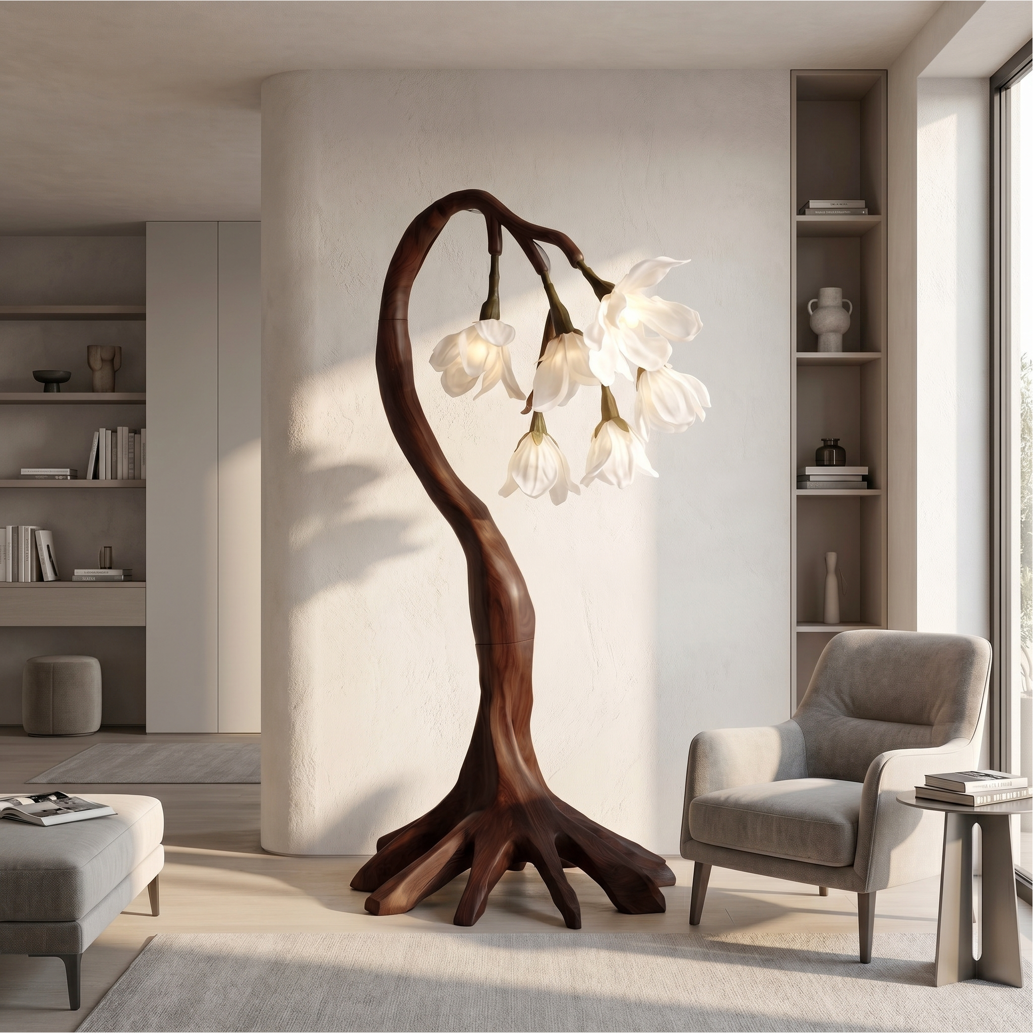 Flower Petal Floor Lamp With Solid Wood Base For Living Room And Bedroom SINLSAFLP073