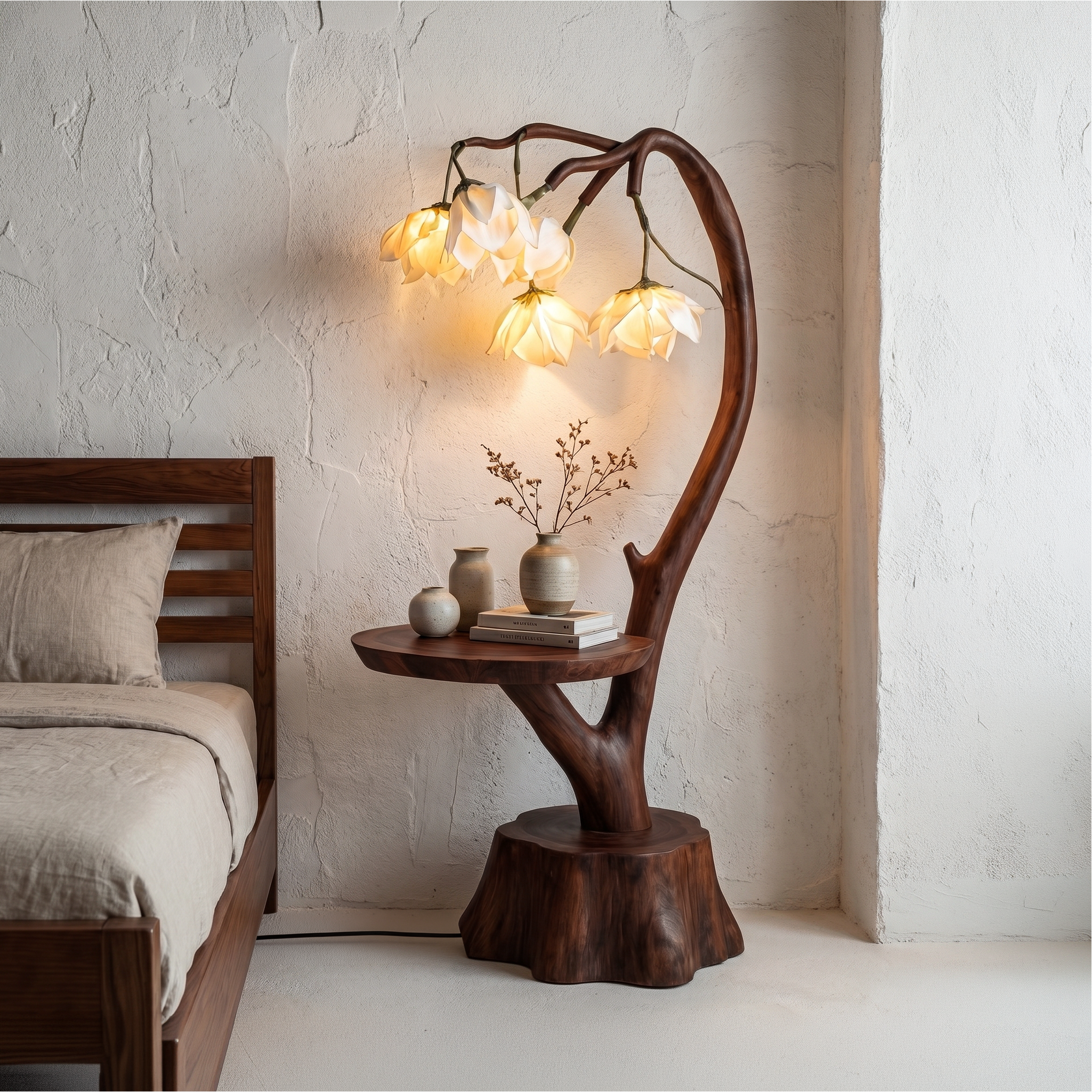 Sculptural Flower Floor Lamp With Handmade Wood Base For Living Room And Bedroom SINLSAFLP075