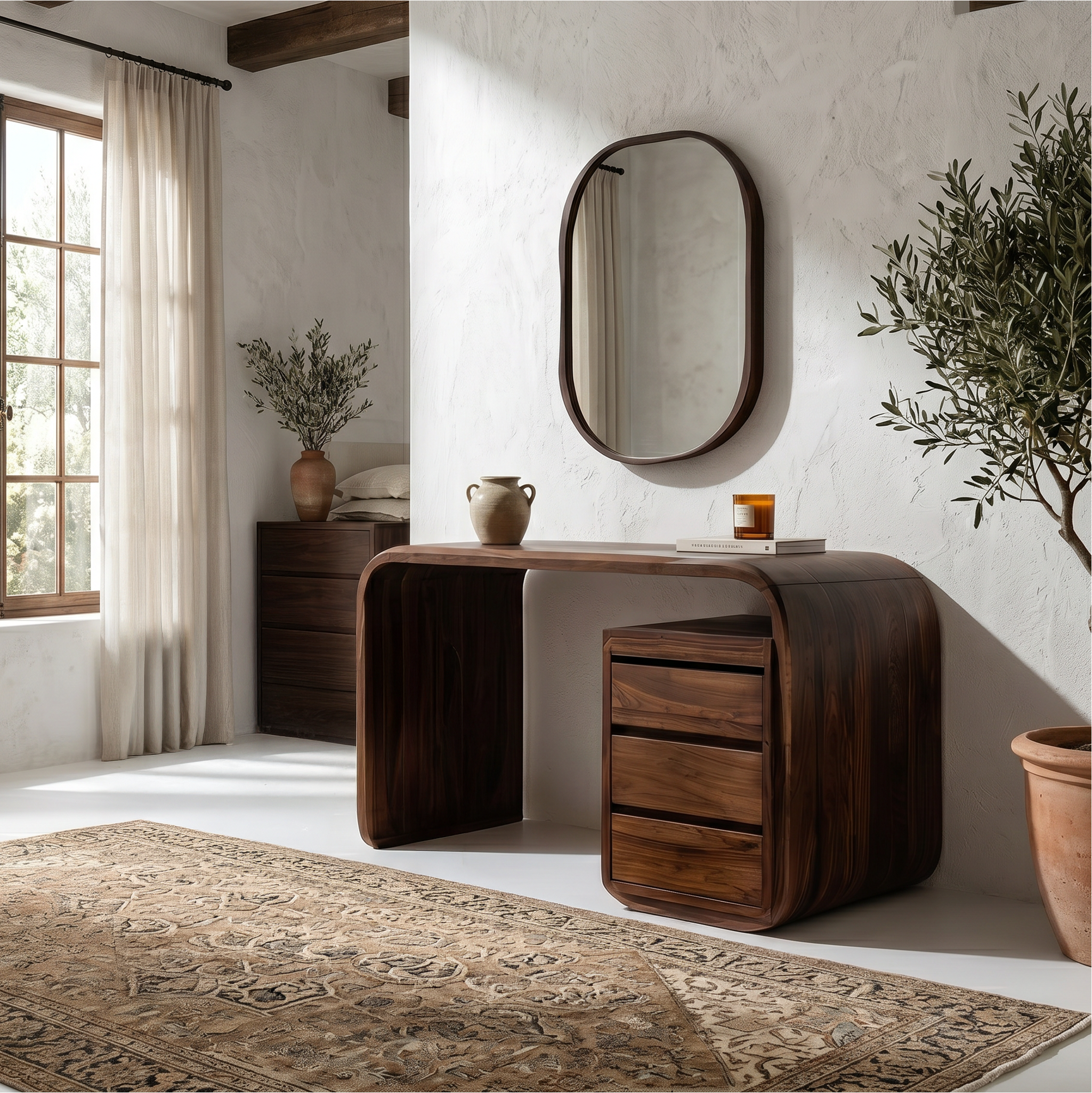 Modern Walnut Vanity Table With Open Shelf Cabinet For Bedroom SINLSABDT073