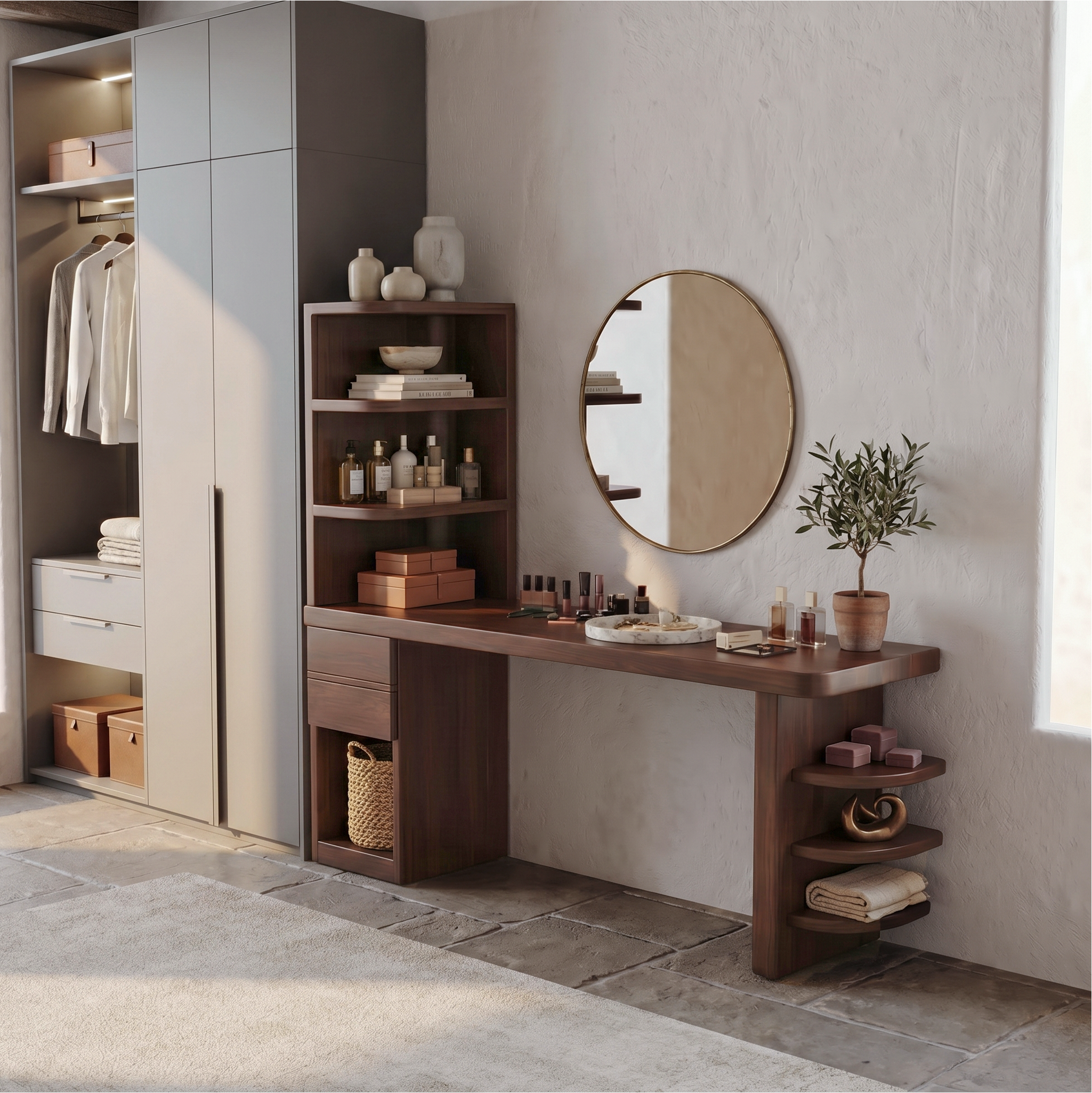 Contemporary Corner Makeup Vanity With Vertical Storage Shelves For Bedroom SINLSABDT076