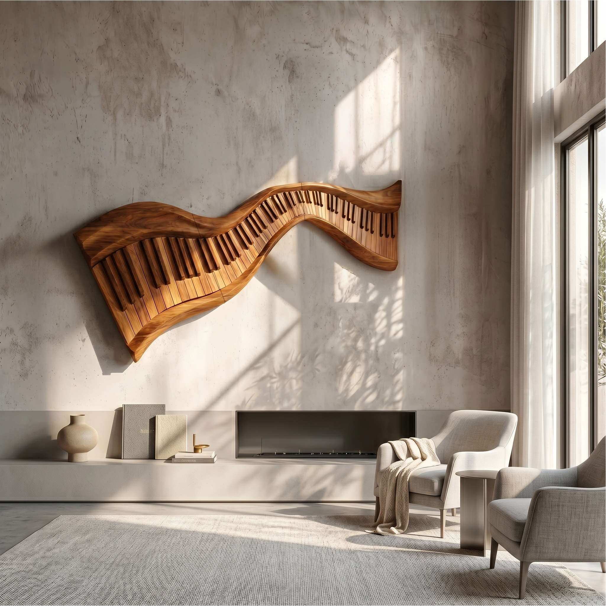 Organic Abstract Keyboard Wave Wooden Wall Sculpture For Living Room SINLSAWD076