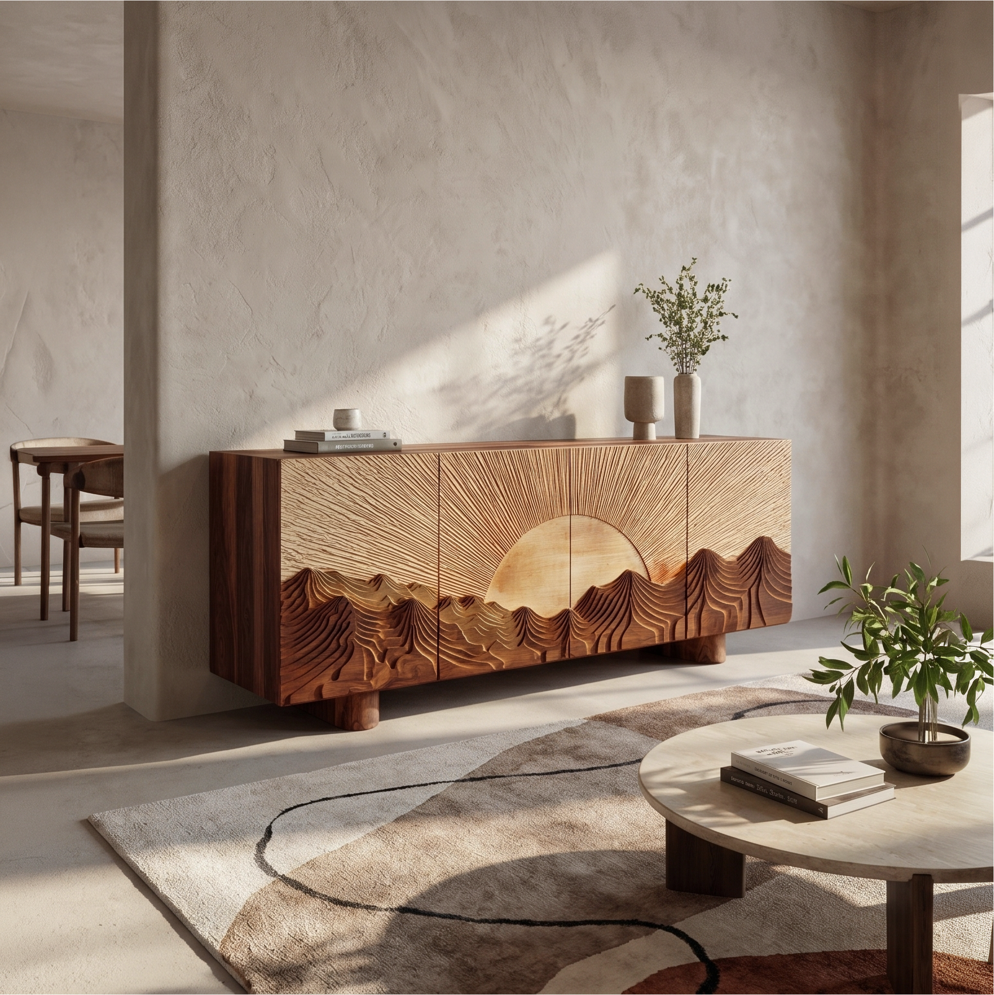 Rustic Mountain Sunrise Sideboard With Carved Wood Doors For Living Room SINLSASC515