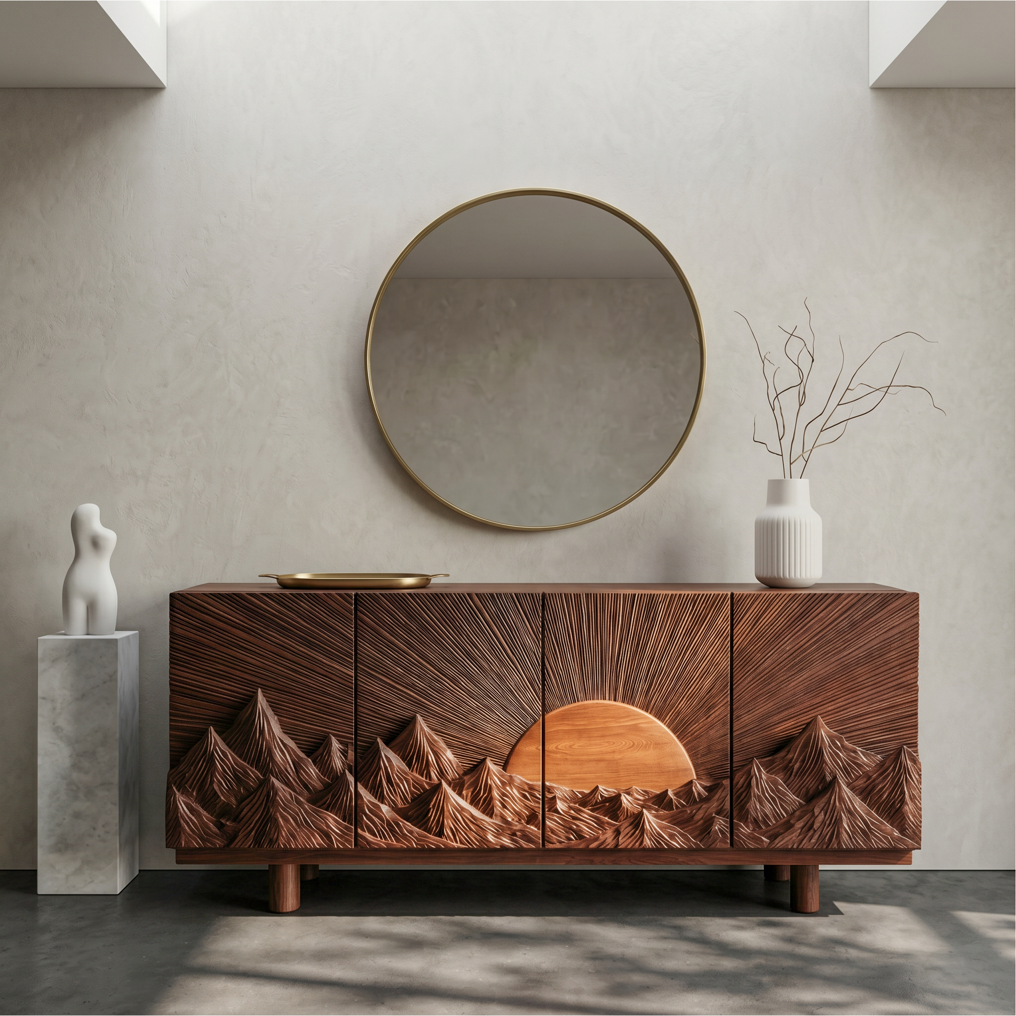 Rustic Mountain Sunrise Storage Cabinet With Carved Wood Doors For Living Room SINLSASC516