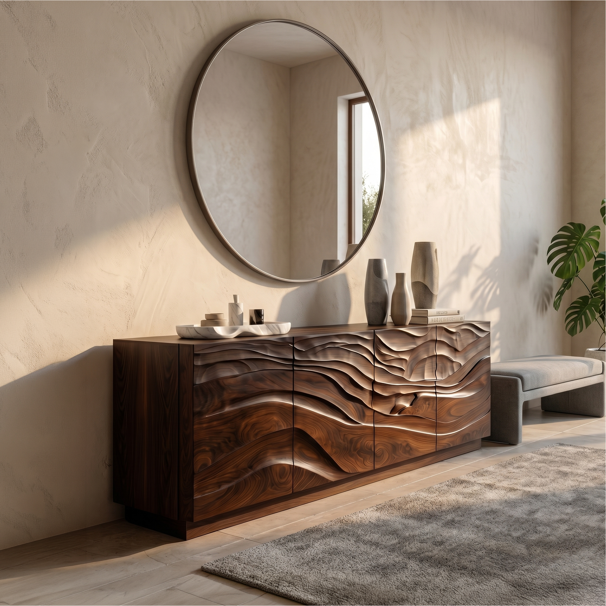 Organic Sideboard With Sculptural Wave Carved Wood Front For Living Room SINLSASC522