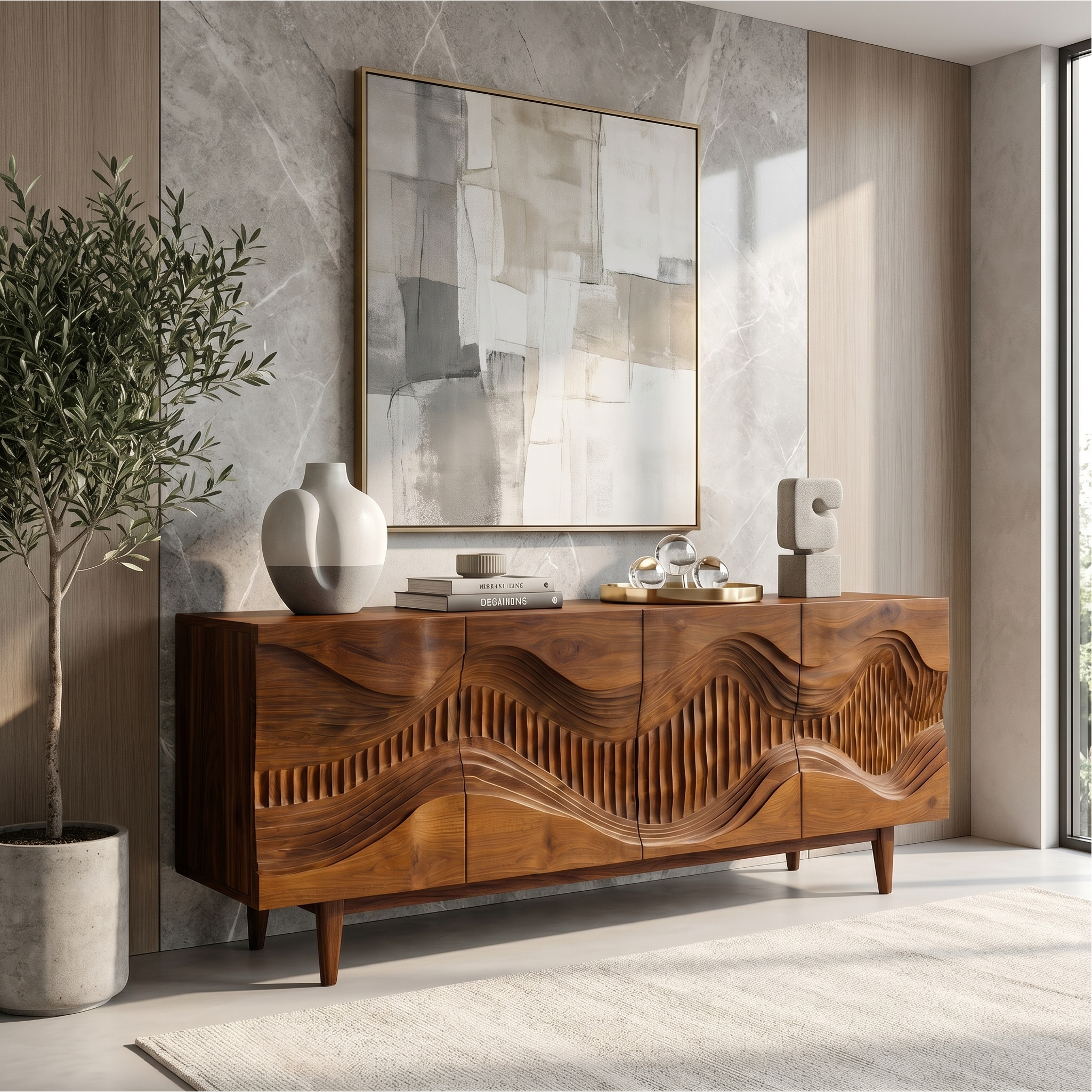 Mid Century Sideboard With Sculptural Wave Carved Wood Doors For Living Room SINLSASC524