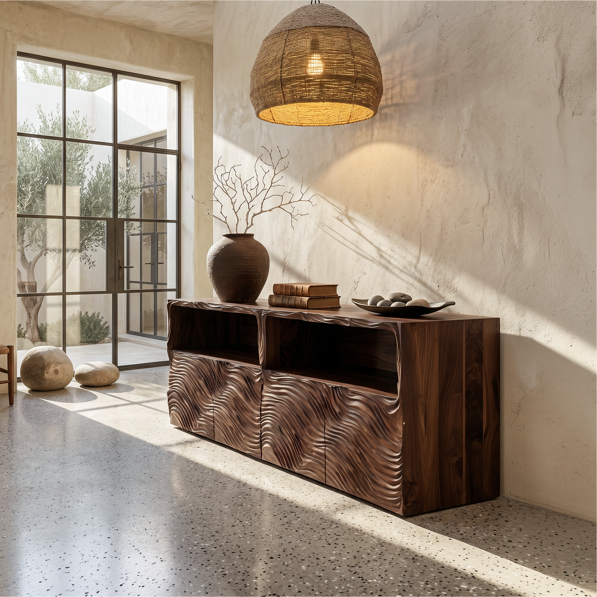 Modern Sideboard With Hand Carved Wave Wood Doors And Open Display Shelves For Living Room SINLSASC532