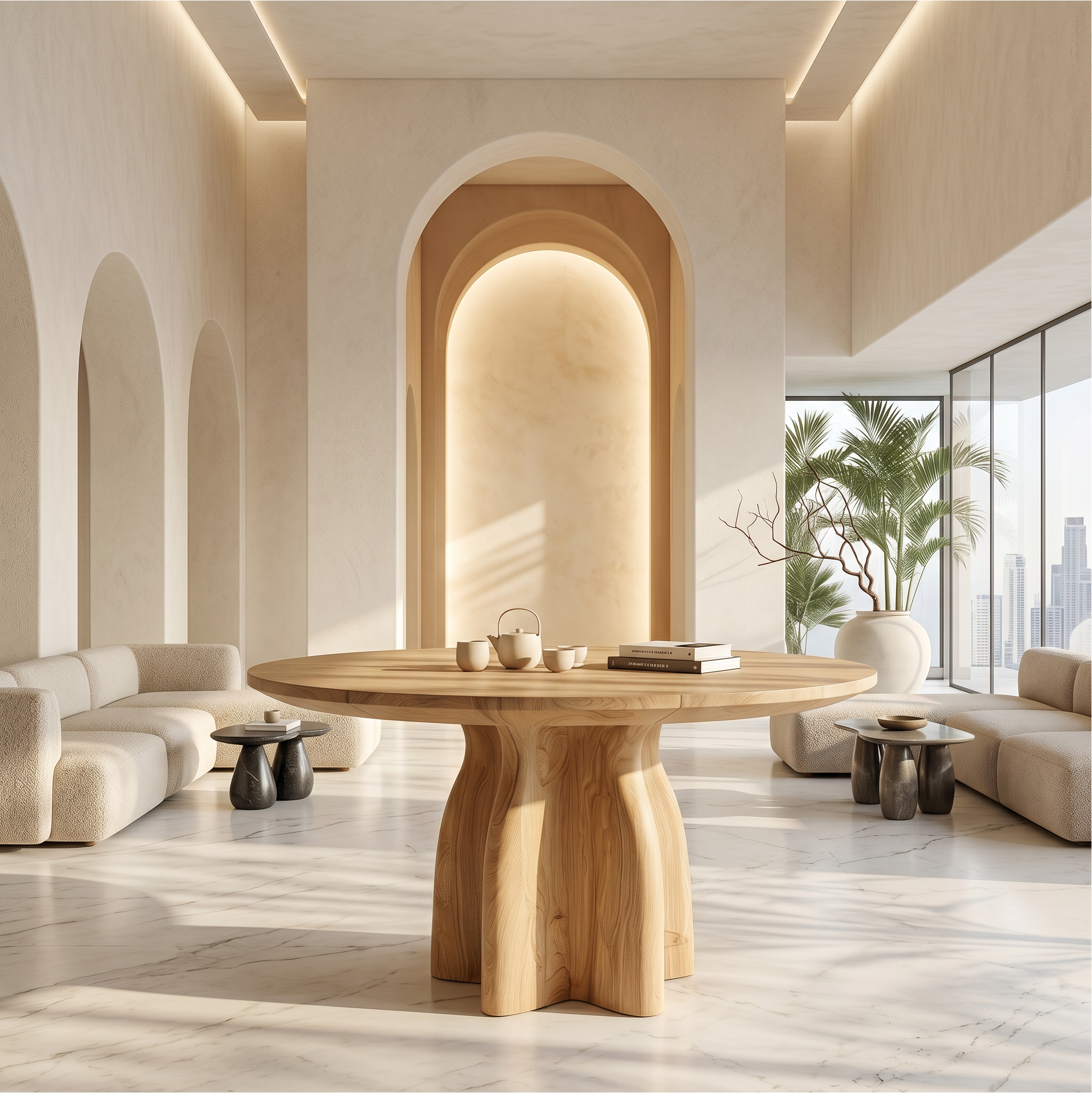 Organic Foyer Table With Sculptural Solid Wood Pedestal Base For Entryway SINLSAFT036