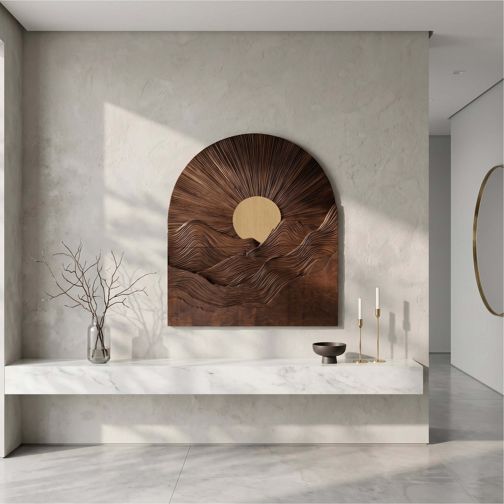 Sunburst Wall Art With Sculptural Round Panel Design For Living Room And Entryway SINLSAWD094