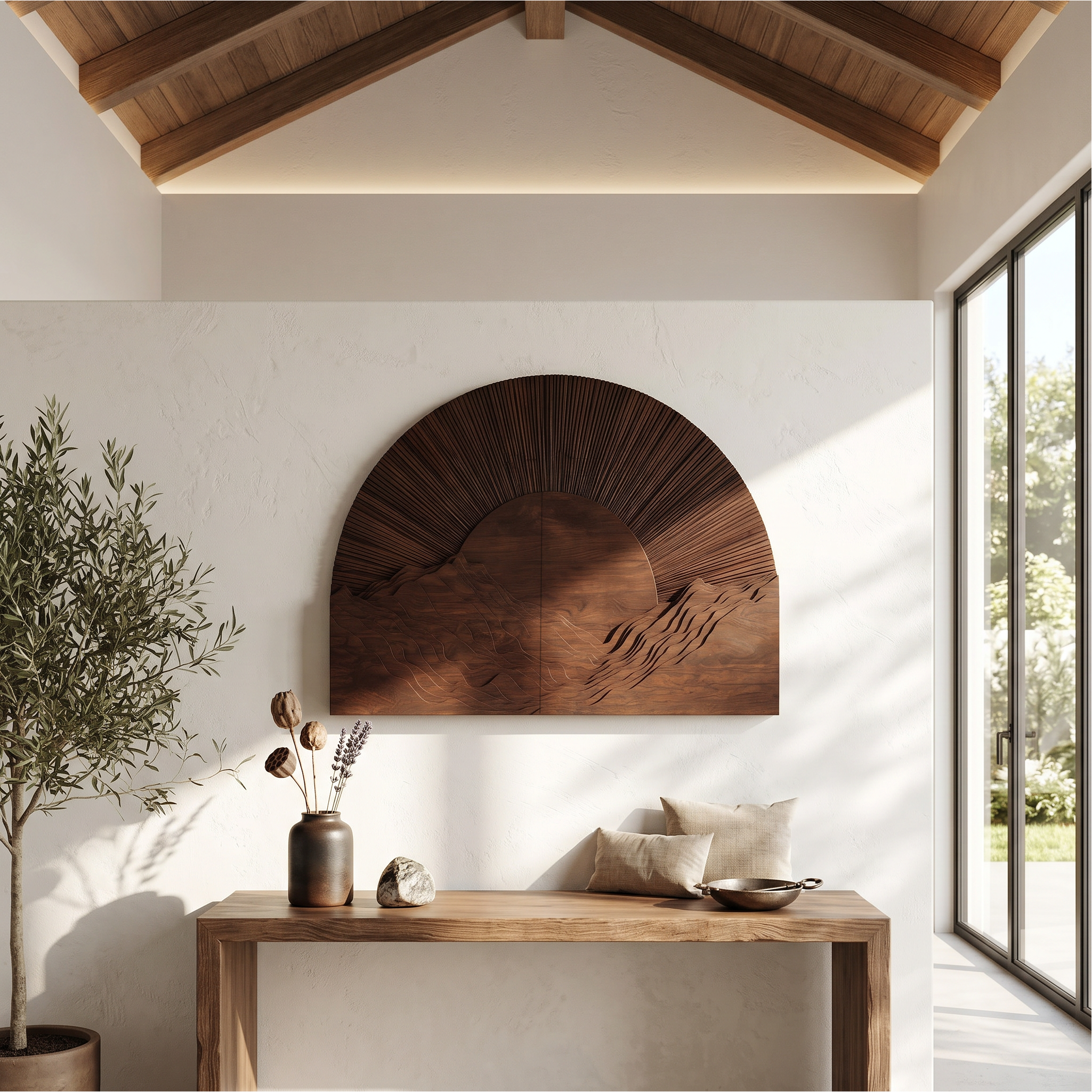 Half Moon Wall Art With Sunburst Carved Panel Design For Living Room And Entryway SINLSAWD096
