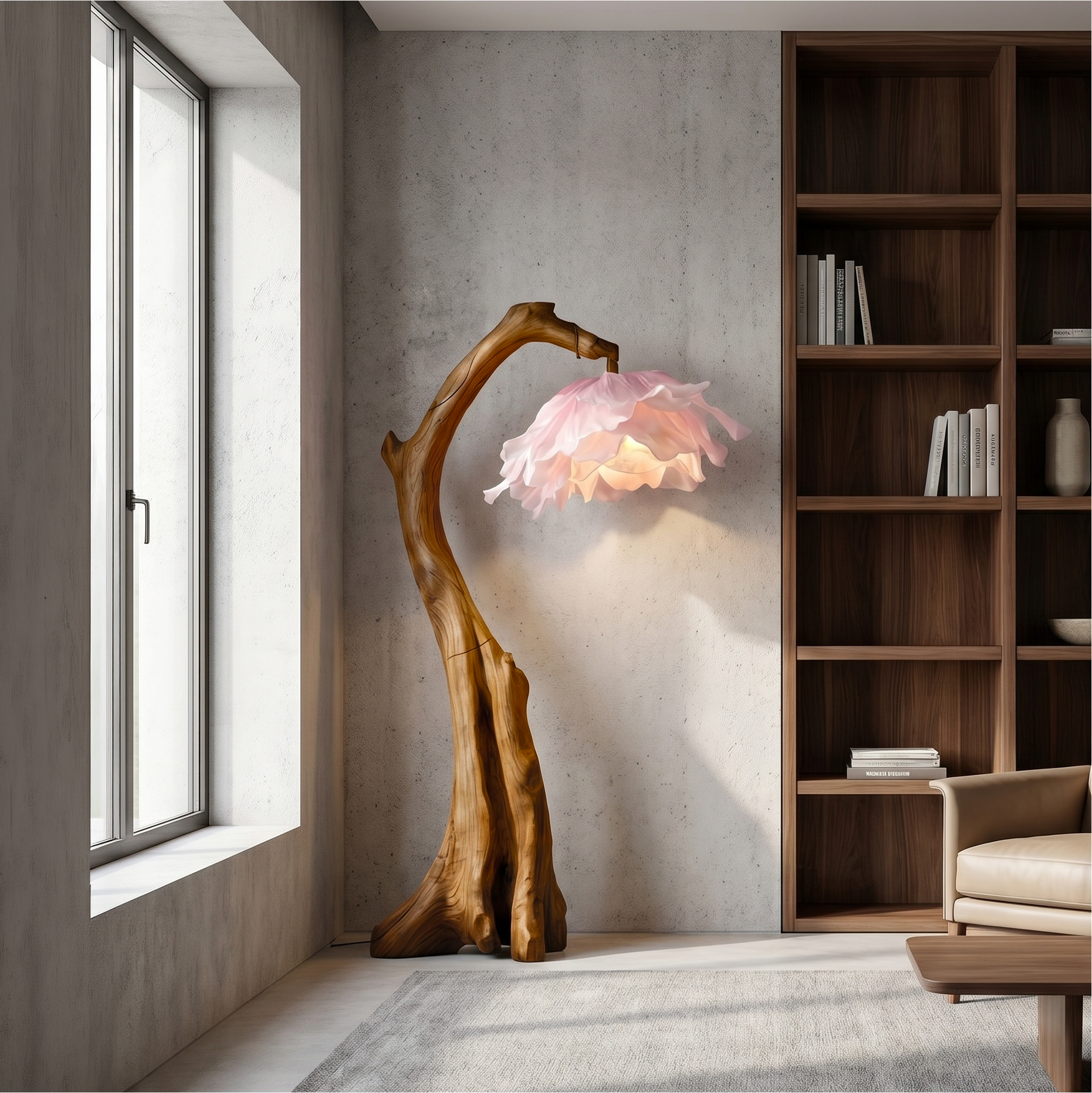 Handmade Flower Floor Lamp With Sculptural Wood Base For Living Room And Bedroom SINLSAFLP079