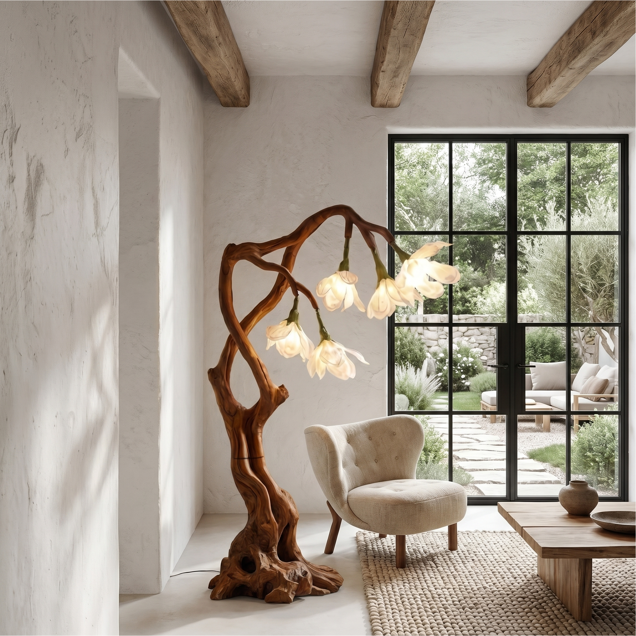Petal Inspired Floor Lamp With Artistic Wood Base For Living Room And Bedroom SINLSAFLP082