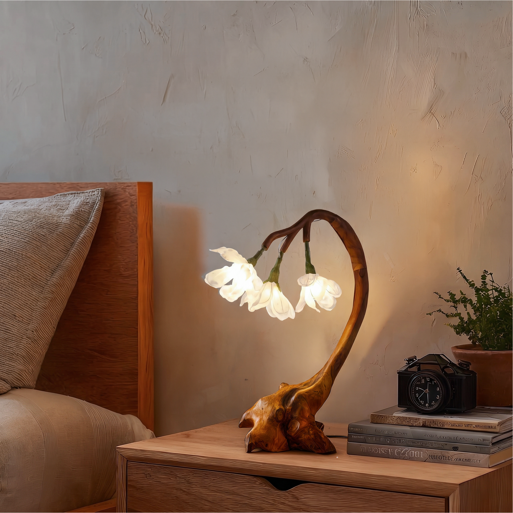 Organic Flower Table Lamp With Sculptural Wood Base For Bedroom And Living Room SINLSATL002