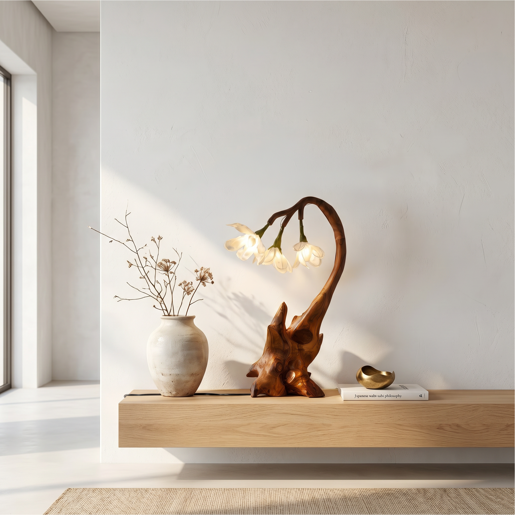 Contemporary Floral Table Lamp With Sculptural Wood Base For Bedroom And Living Room SINLSATL003