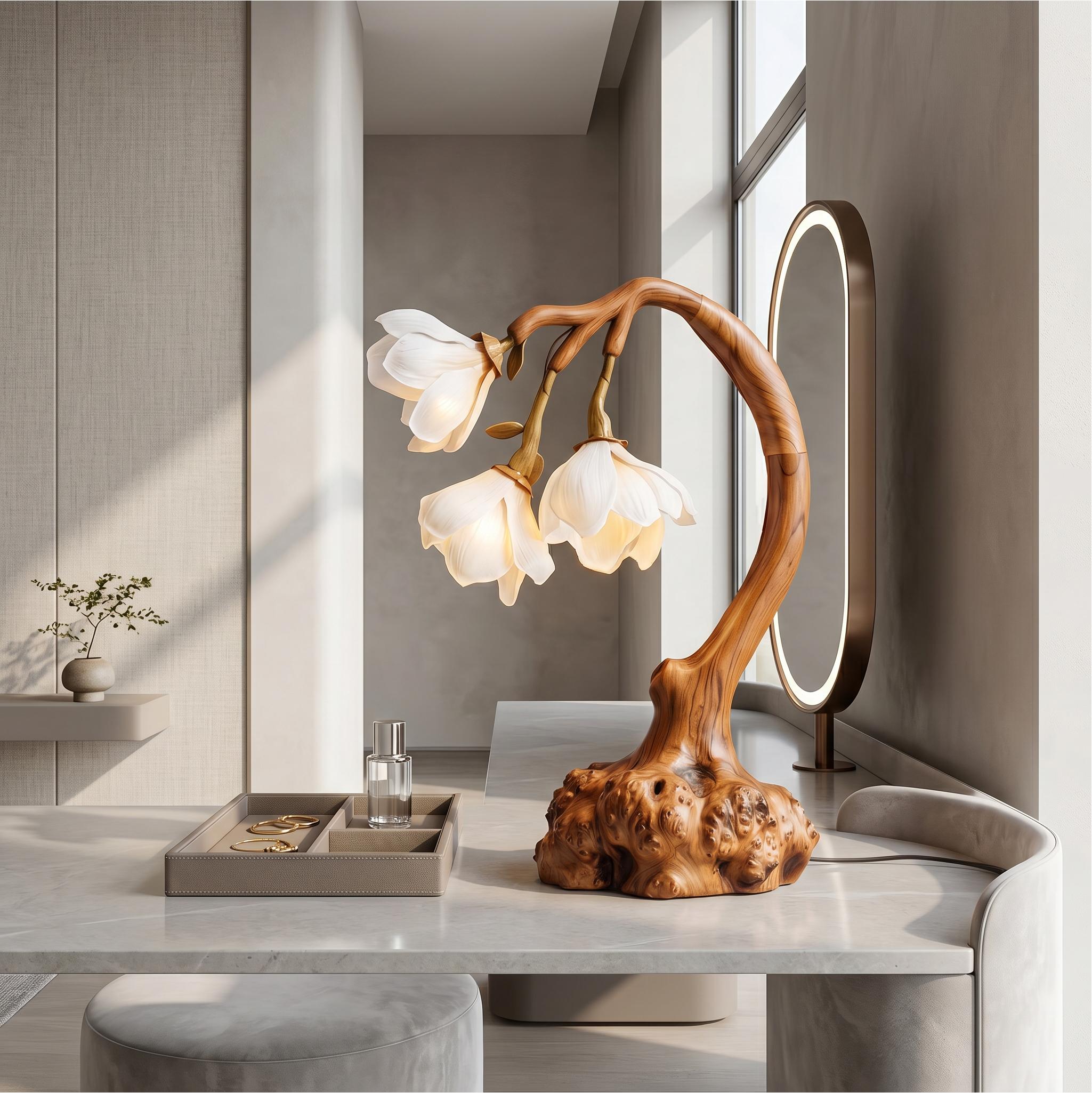 Minimalist Floral Table Lamp With Organic Wood Base For Bedroom And Living Room SINLSATL004