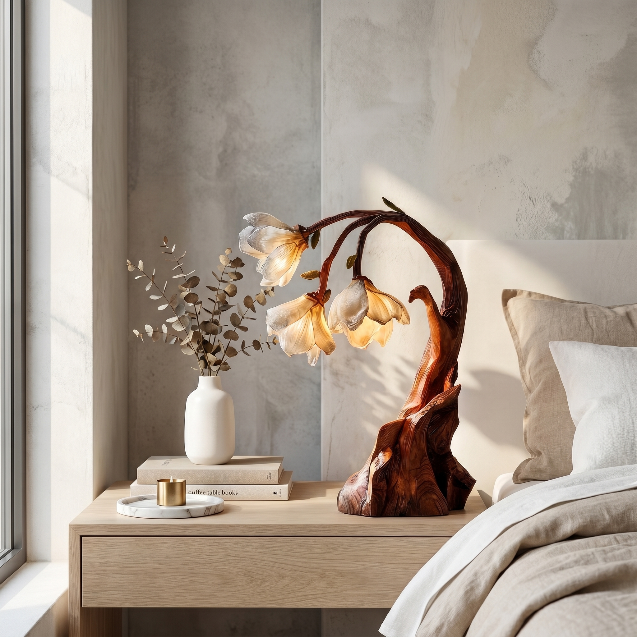 Contemporary Floral Table Lamp With Sculptural Solid Wood Base For Bedroom And Living Room SINLSATL007