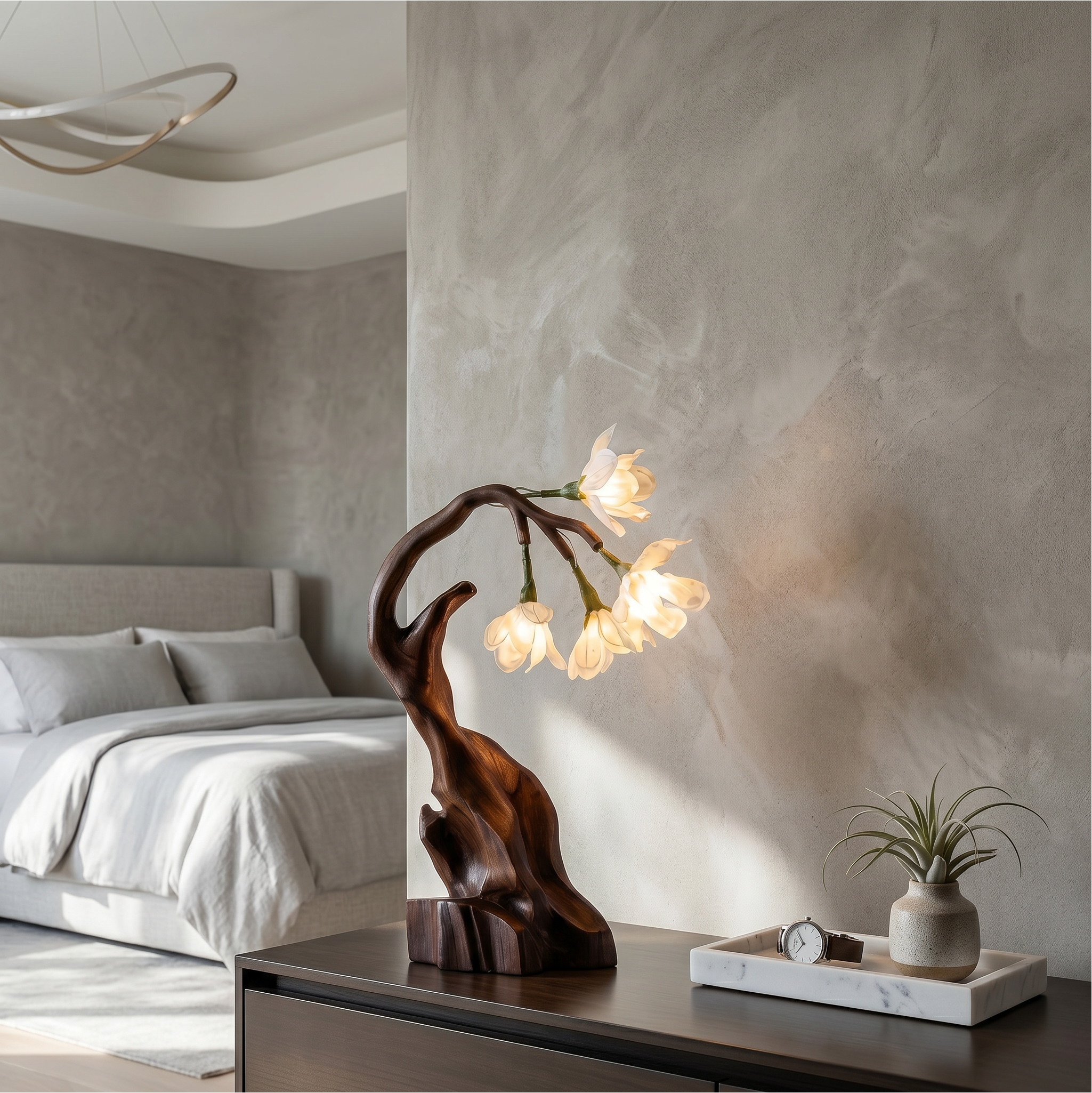 Luxury Floral Table Lamp With Sculptural Driftwood Base For Bedroom And Living Room SINLSATL010