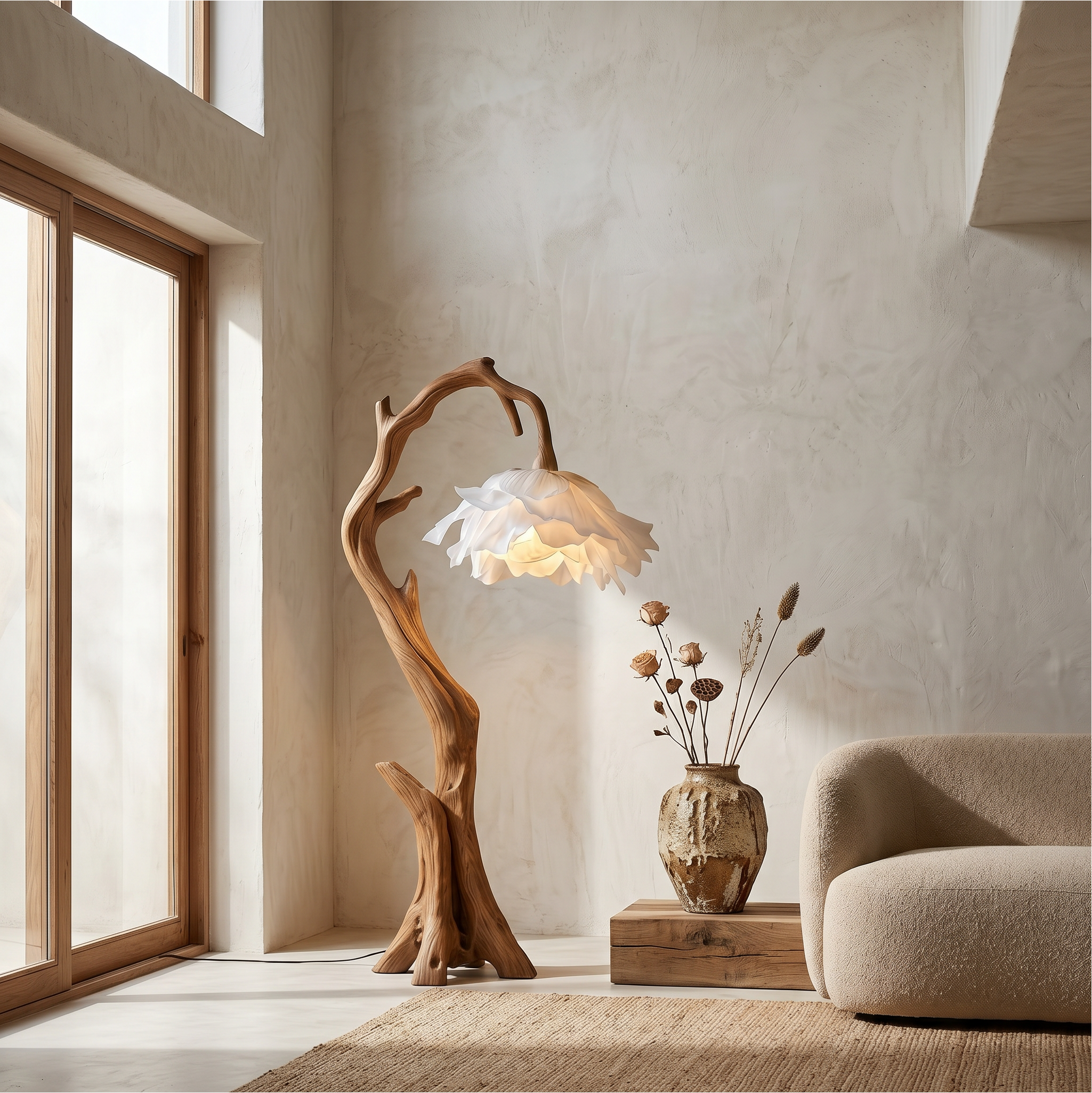 Nature Inspired Flower Floor Lamp With Solid Wood Base For Living Room And Bedroom SINLSAFLP081