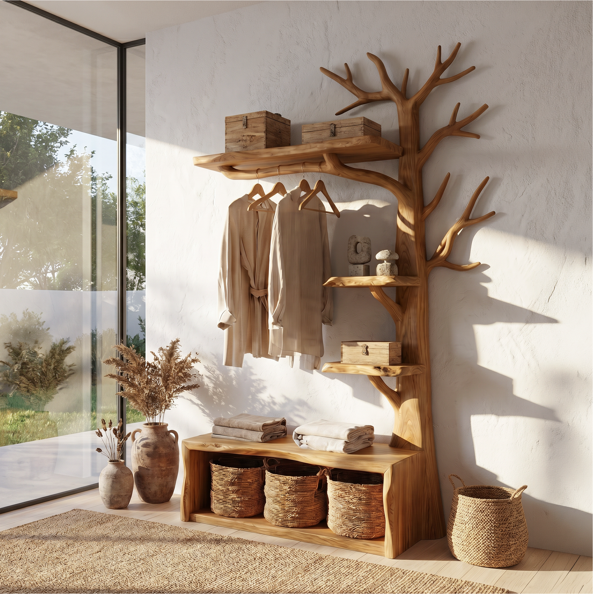 Natural Tree Coat Rack Bench Entryway And Hallway SINLSATCR114