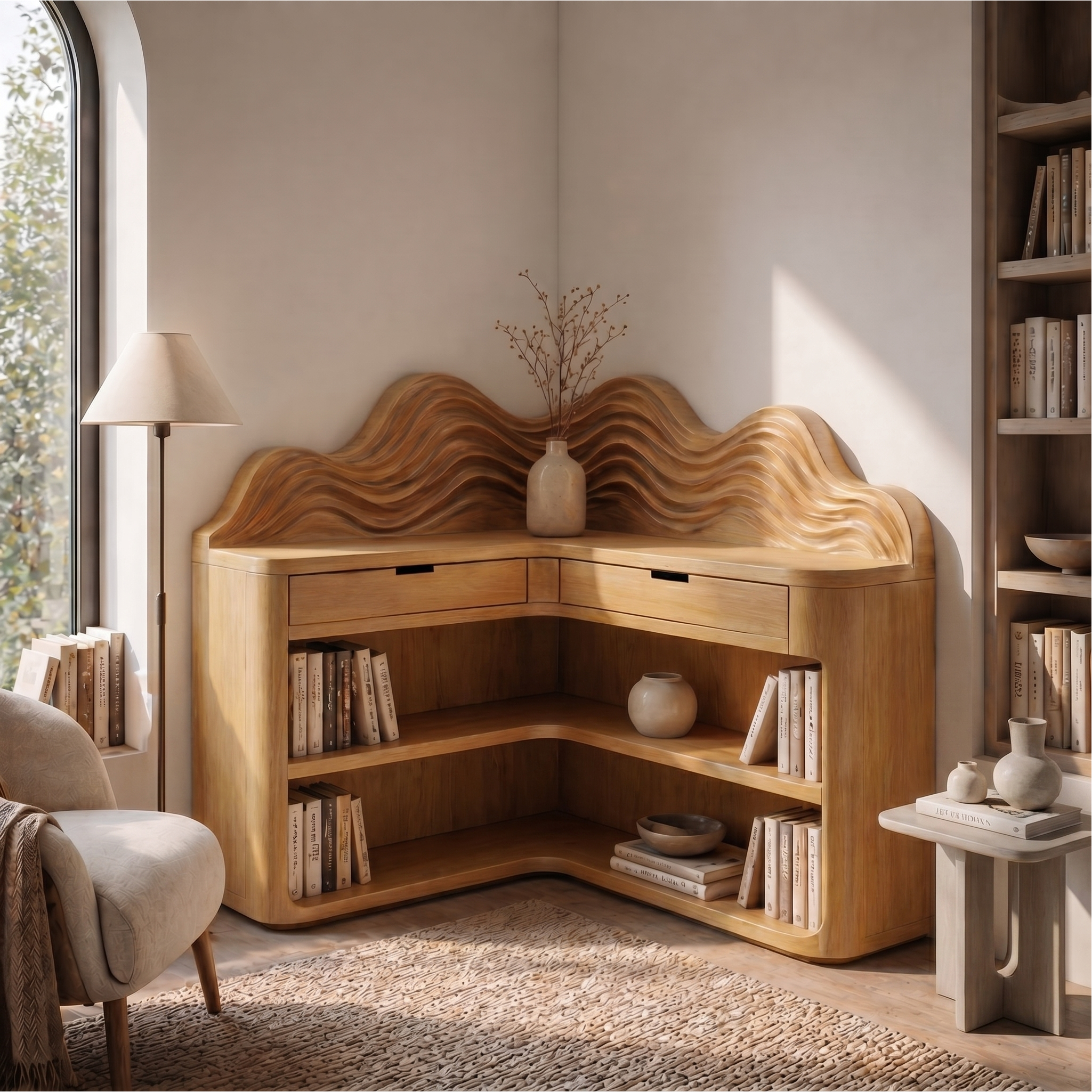 Scandinavian Wave Top Corner Bookshelf With Multi Tier Open Shelves For Living Room And Bedroom SINLSABS023
