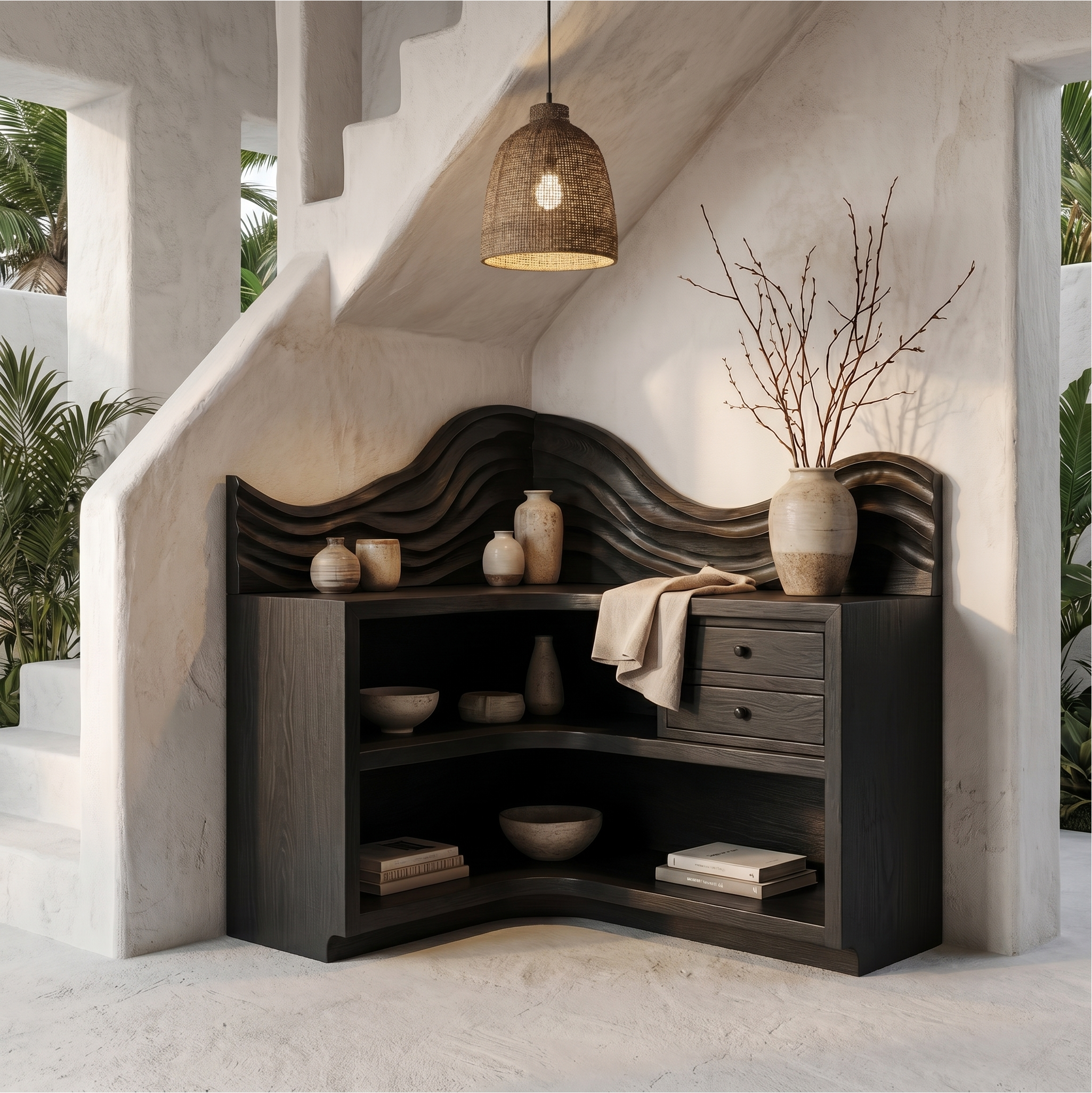 Rustic Corner Bookshelf With Arched Open Shelves And Drawer Storage For Living Room And Bedroom SINLSABS024