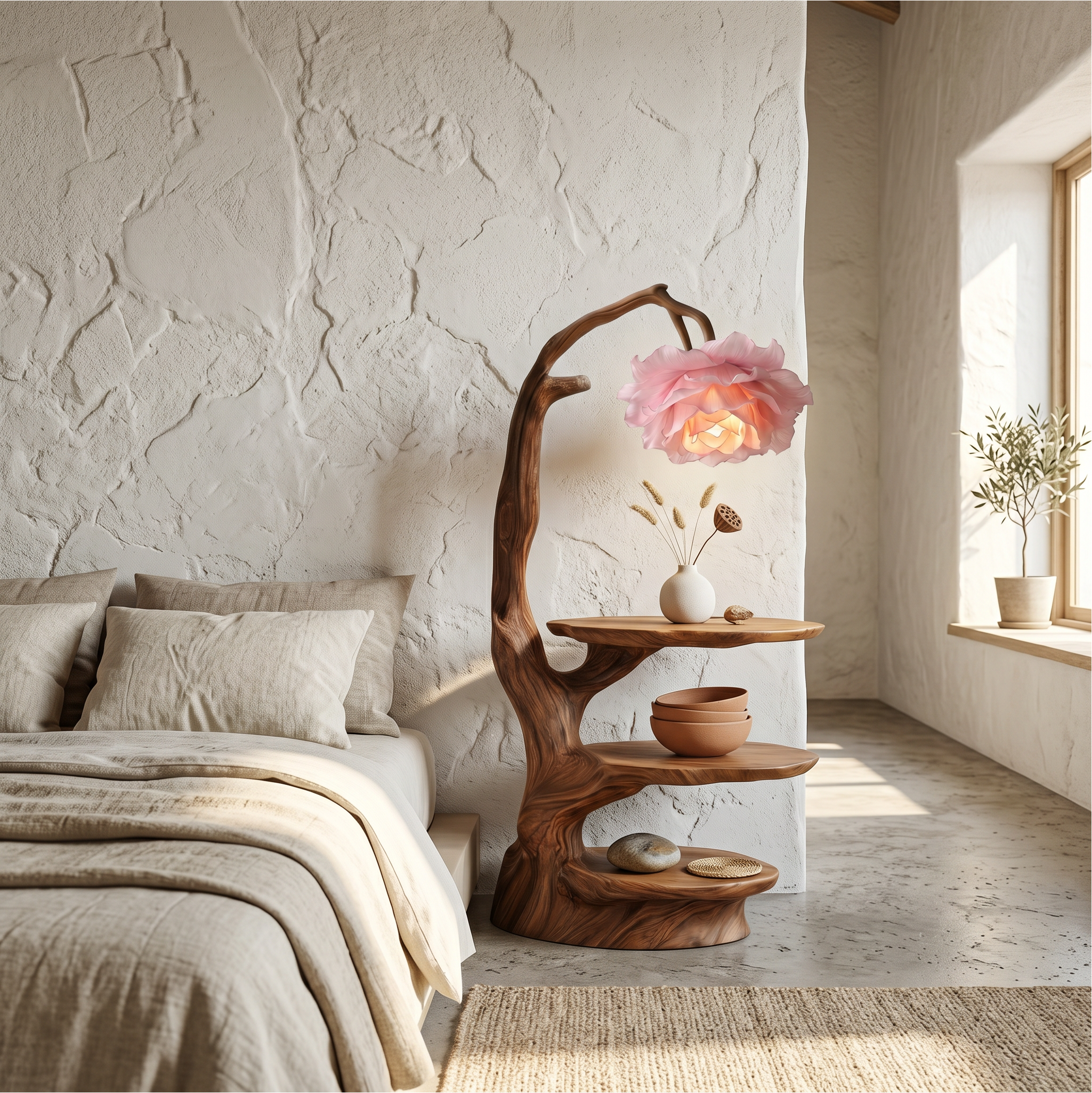 Natural End Table With Tree Branch Form And Flower Lamp For Bedroom And Reading Nook SINLSABT276