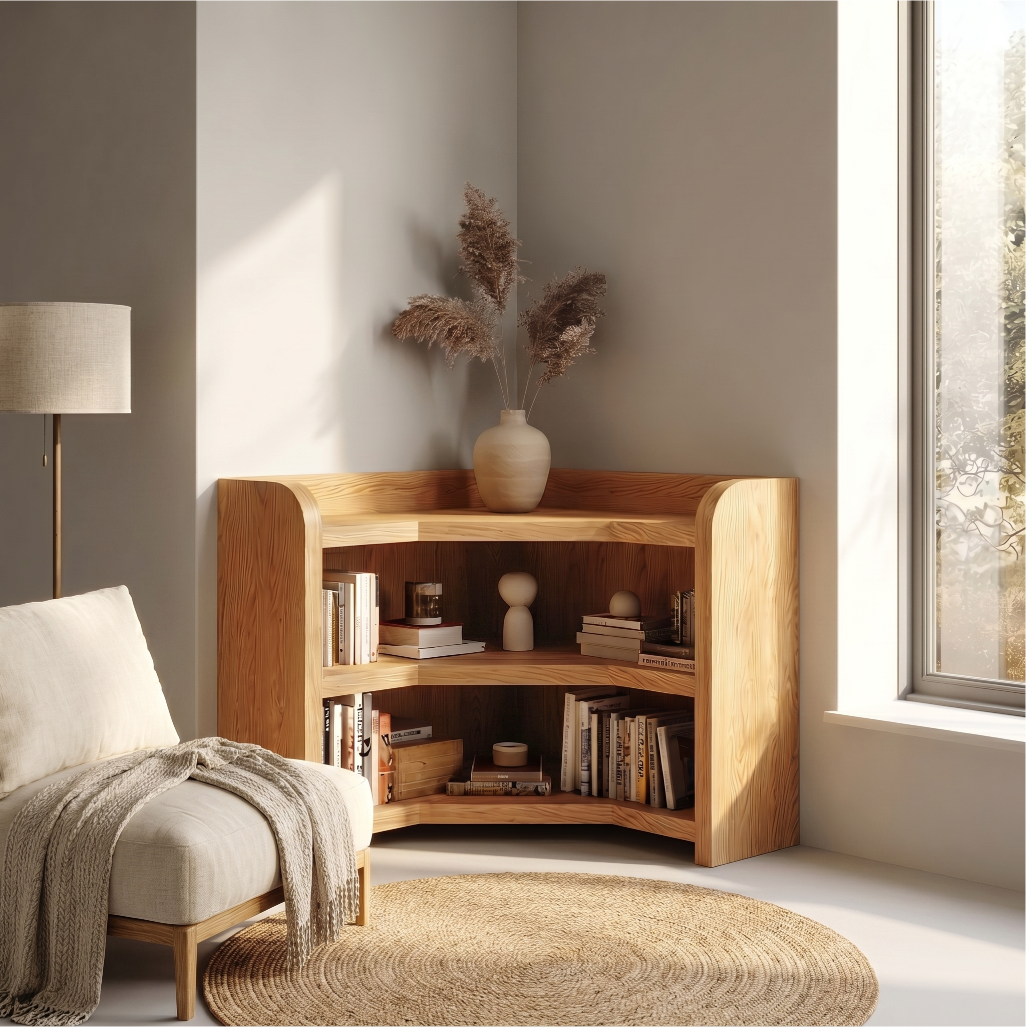 Natural Wooden Bookshelf With Rounded Edges And Open Shelves For Living Room And Bedroom SINLSABS028