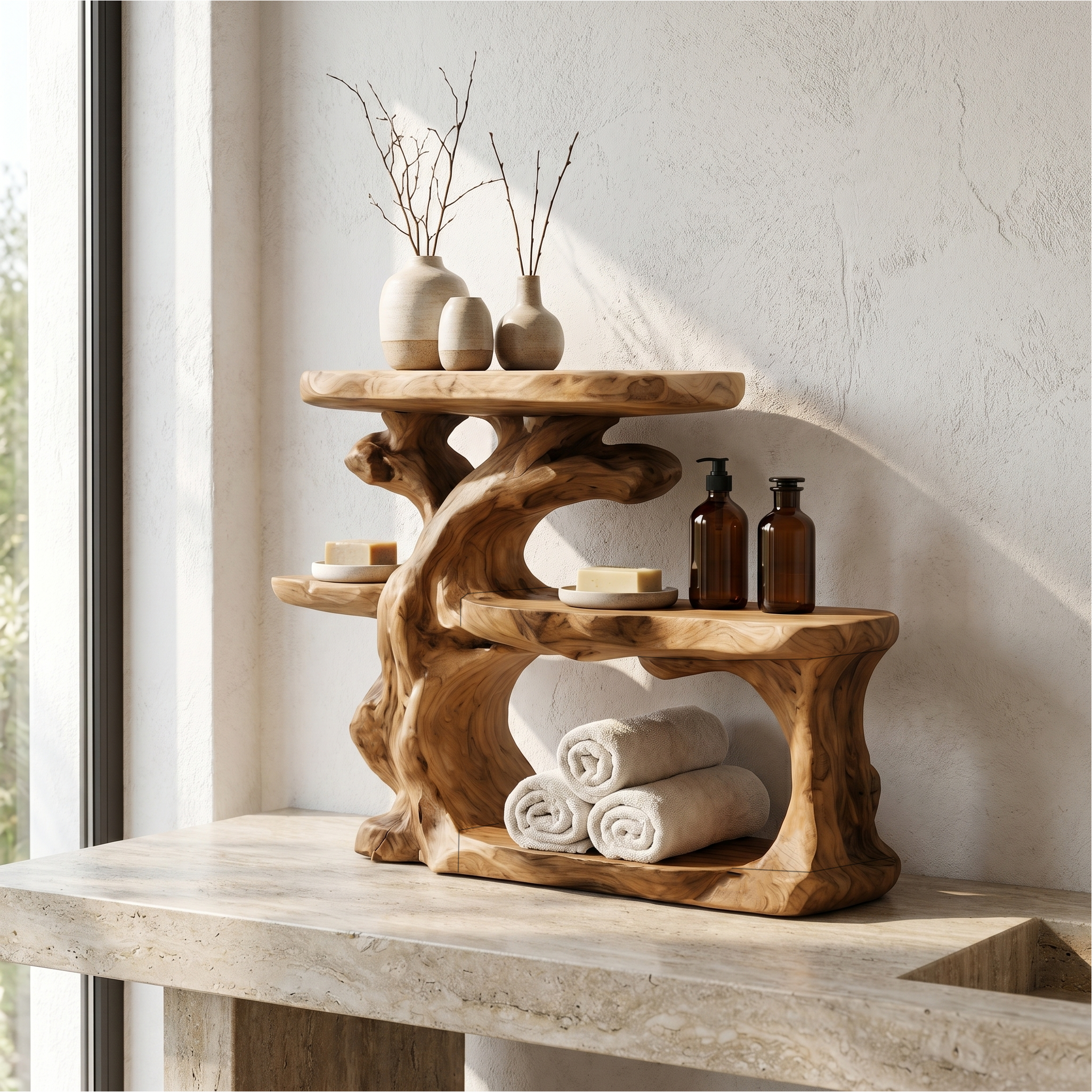 Rustic Bathroom Counter Organizer Shelf With Artistic Wood Form For Bathroom SINLSABRD004