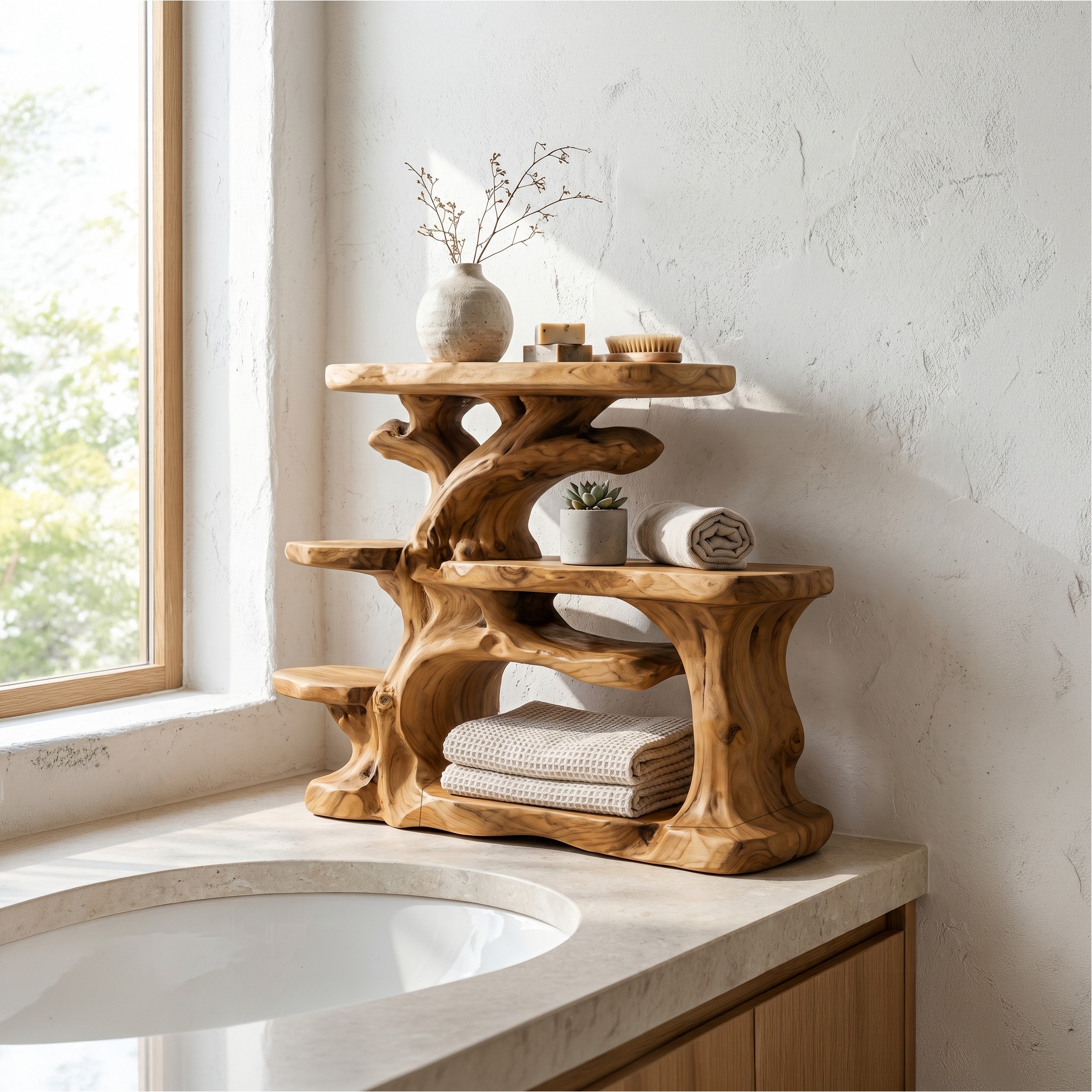 Nature Inspired Bathroom Organizer With Wooden Shelves For Bathroom SINLSABRD007