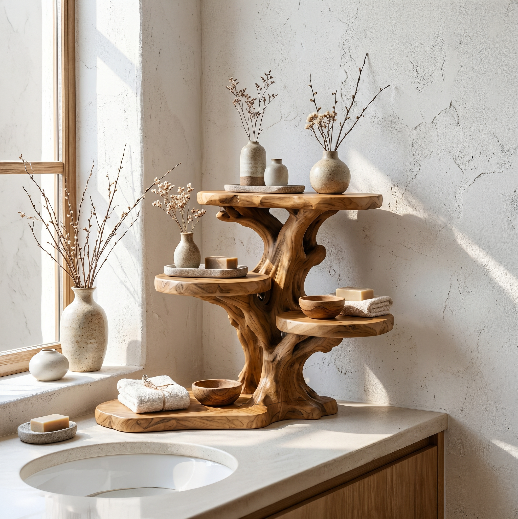 Rustic Tree Bathroom Organizer With Sculptural Display Shelves SINLSABRD009