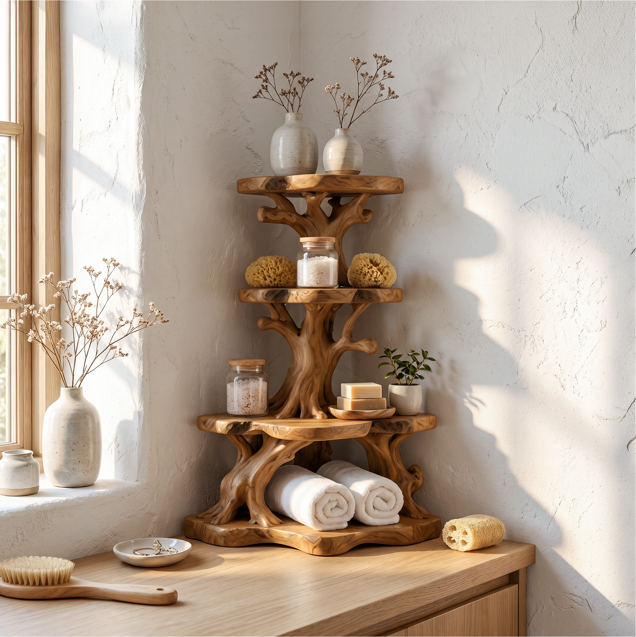 Rustic Bathroom Corner Shelf With Sculptural Wood Display Storage SINLSABRD019