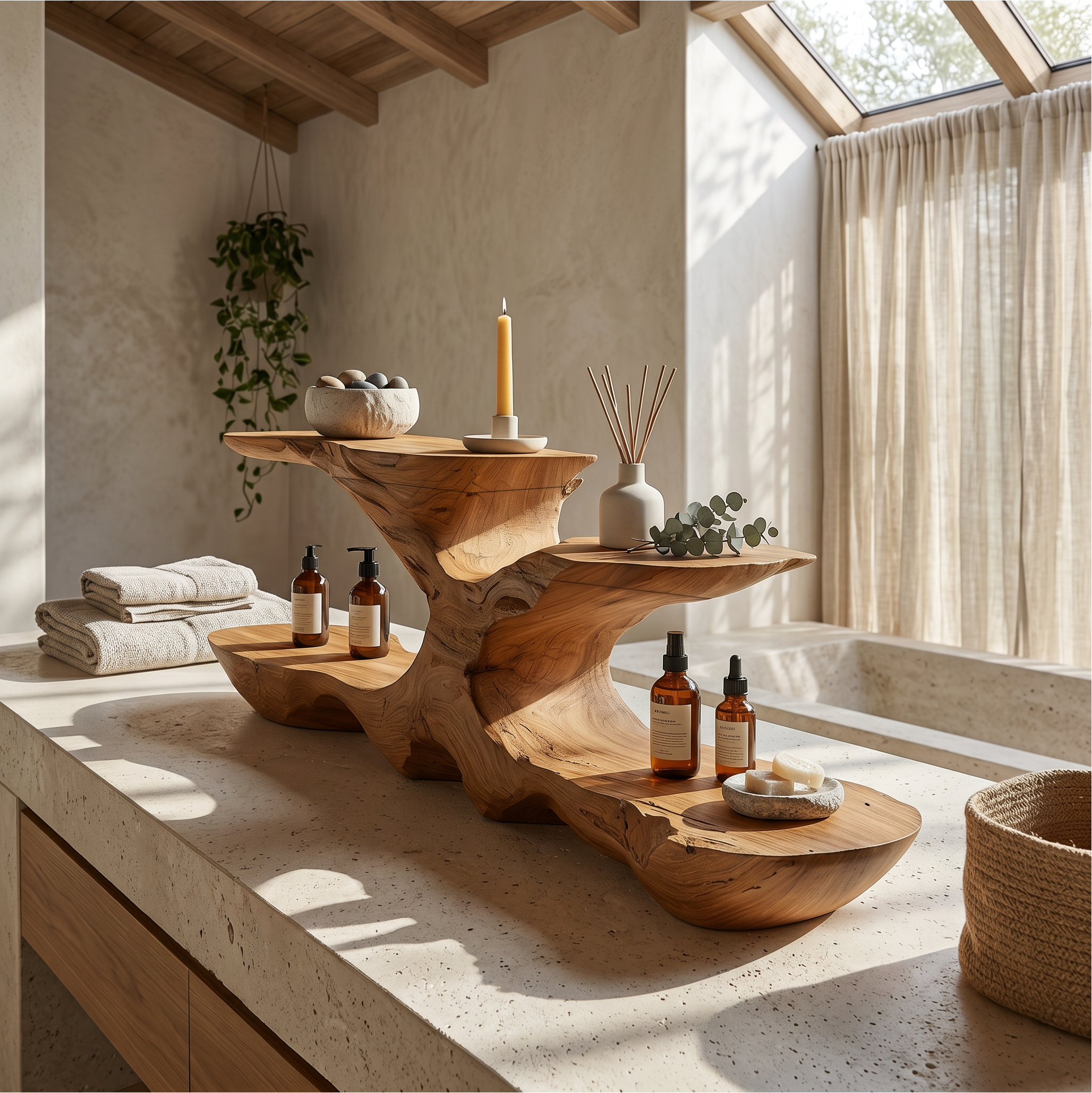 Organic Bathroom Counter Organizer With Sculptural Tiered Shelves SINLSABRD022
