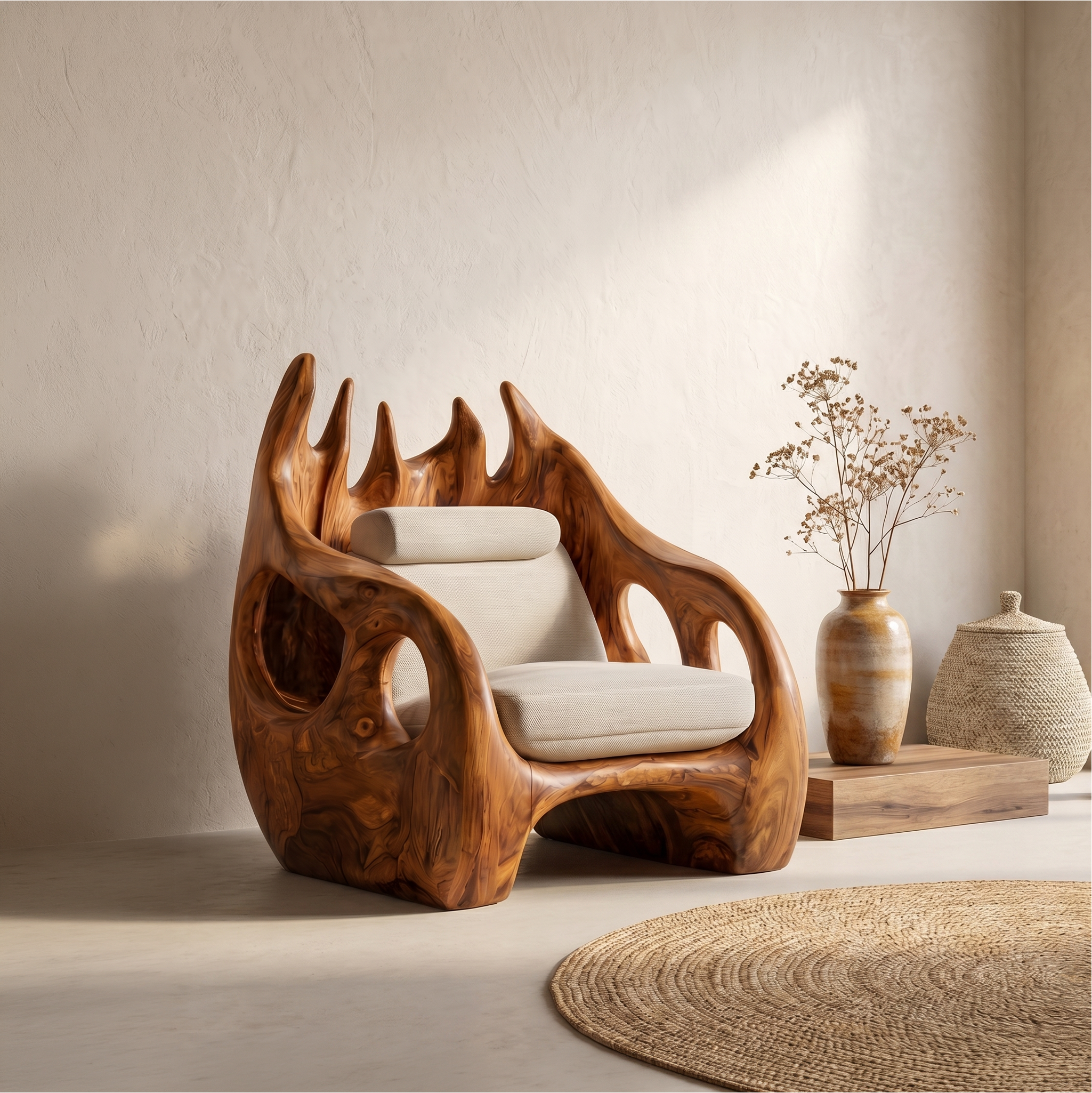 Nature Inspired Armchair With Handcrafted Wooden Structure For Living Room SINLSAAC022