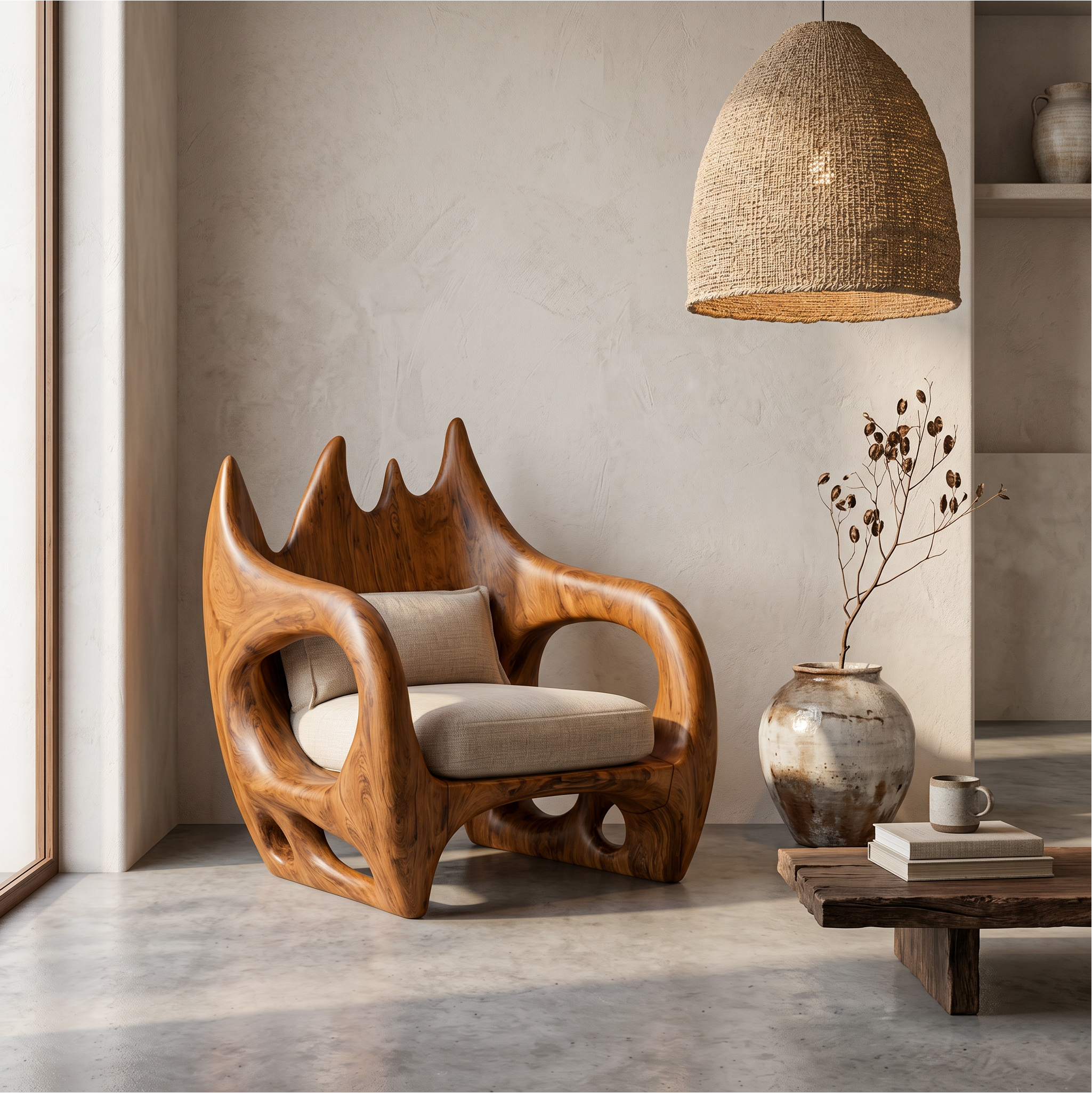 Statement Wooden Armchair With Nature Inspired Design For Reading Nook SINLSAAC023