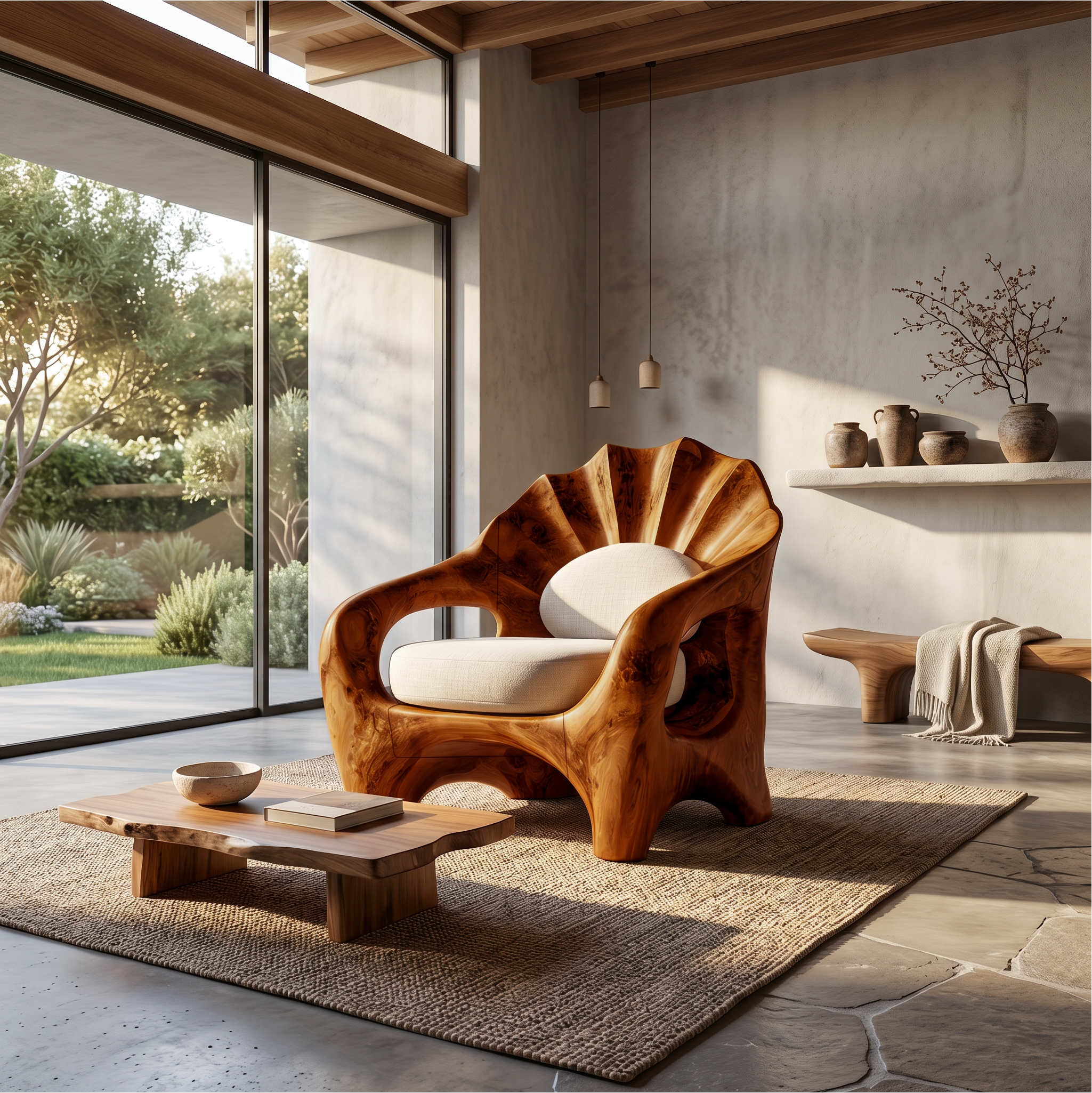 Nature Inspired Armchair With Sculptural Solid Wood Frame For Living Room And Bedroom SINLSAAC026