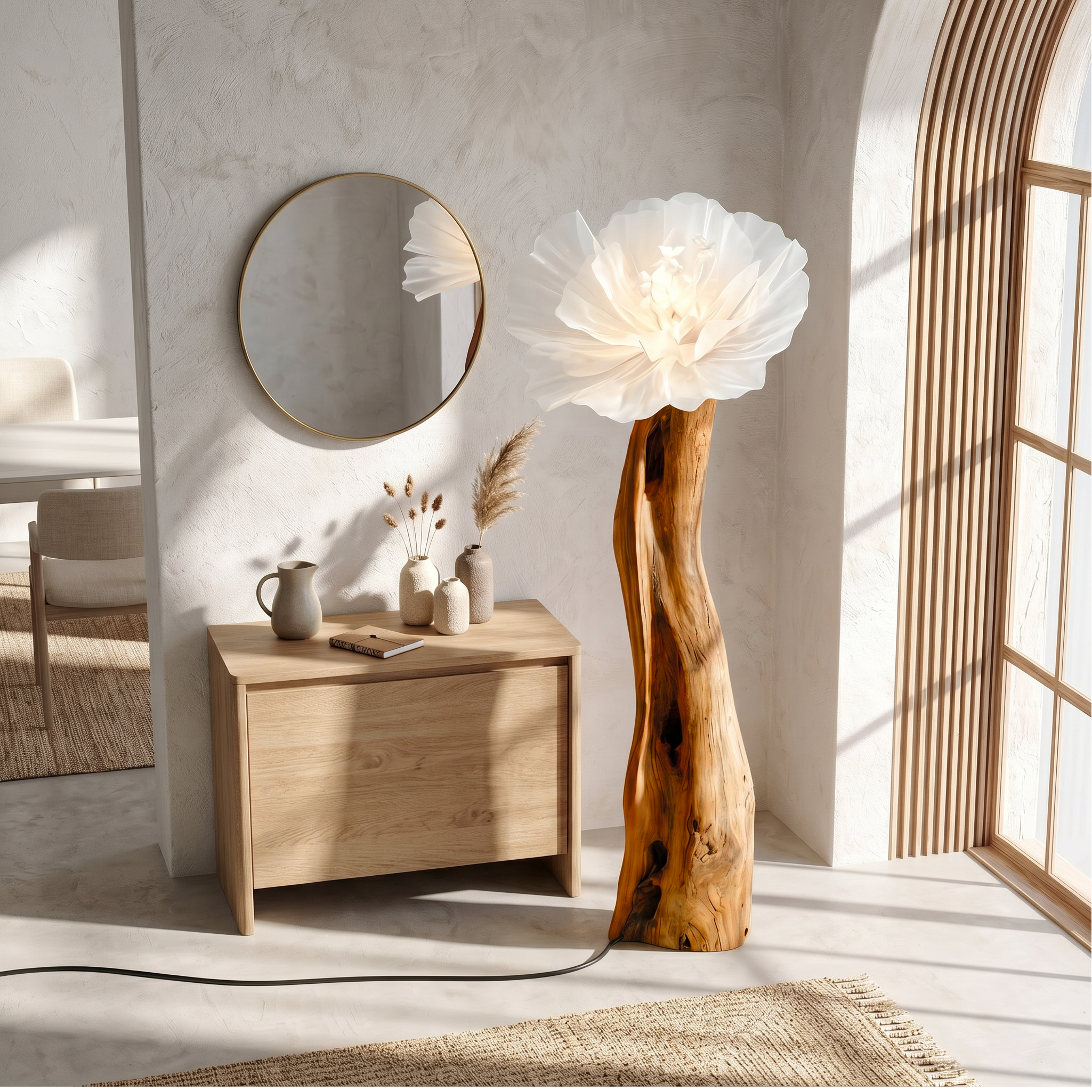 Artistic Flower Floor Lamp Sculptural Wood Base For Living Room SINLSAFLP116