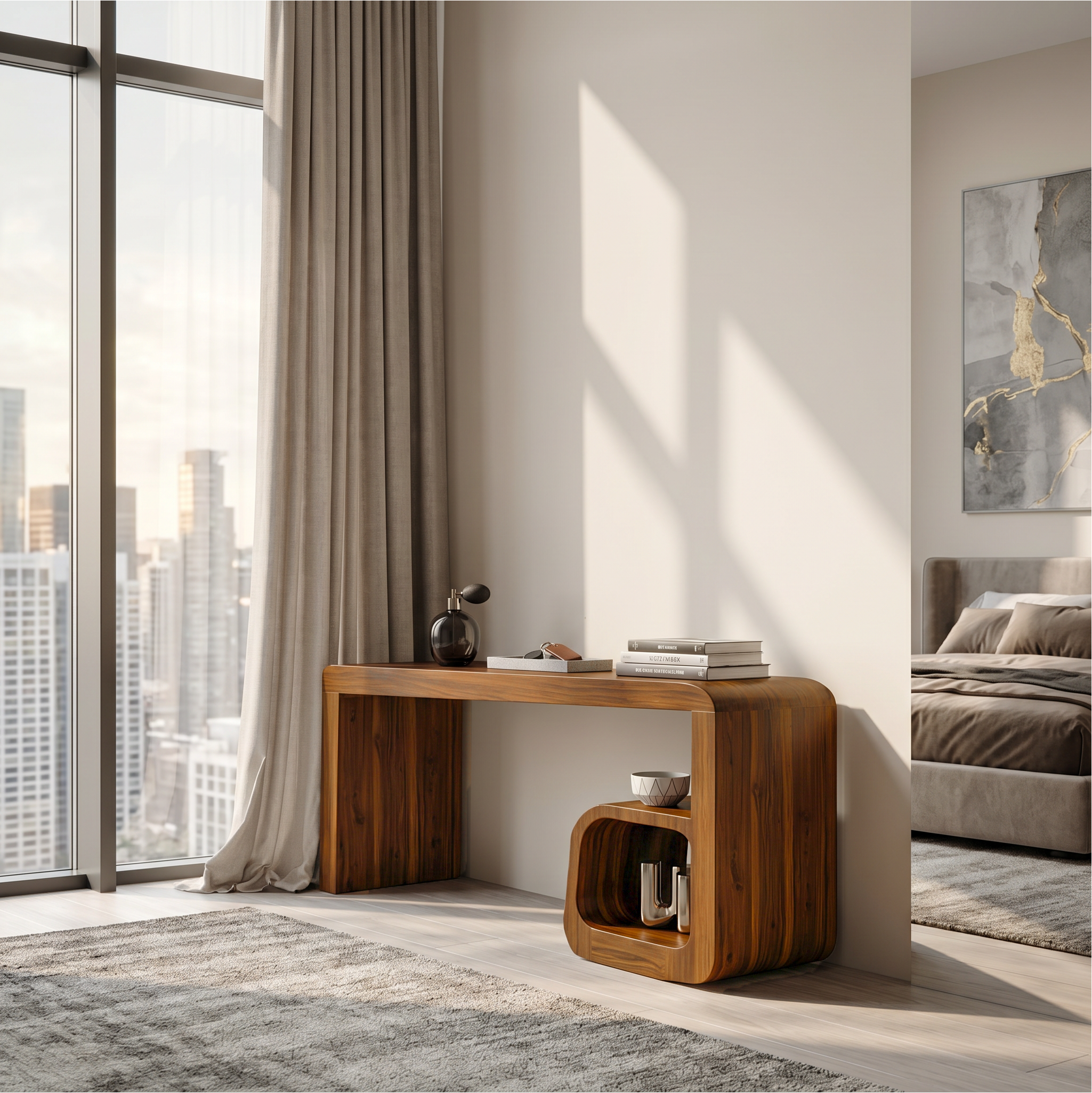 Sculptural Dressing Table With Curved Wood Silhouette For Bedroom Decor SINLSABDT093